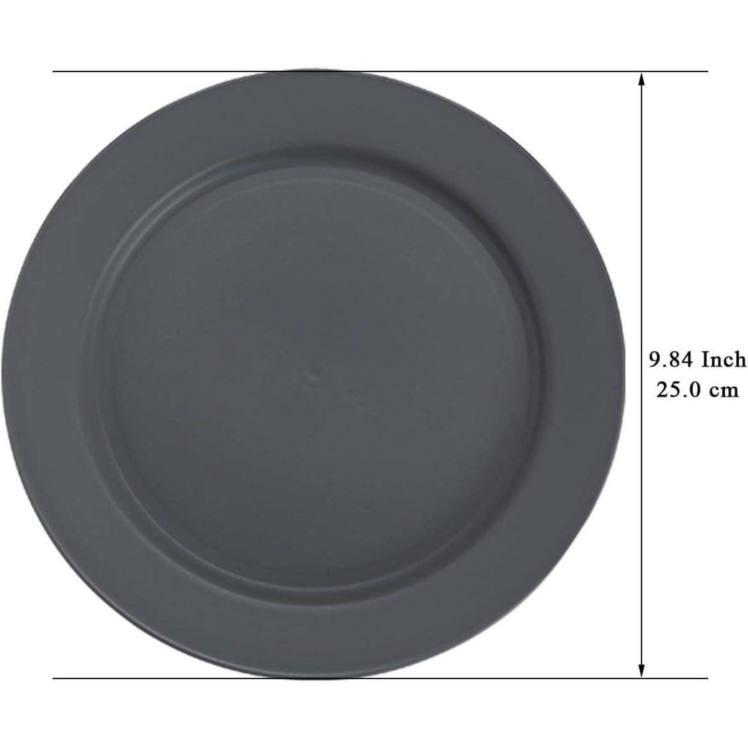 Eine kreisförmige, dunkelgraue Platte wird gezeigt mit einem Durchmesser von 9,84 Zoll (25,0 cm).