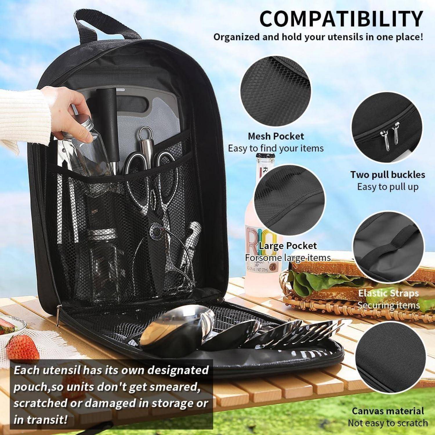 Kompatibilitäts-Picknick-Rucksackorganizer mit Netzfach, Besteckbeutel und elastischen Riemen. Highlights umfassen Stauraum für Besteck und ein reisefreundliches Design.