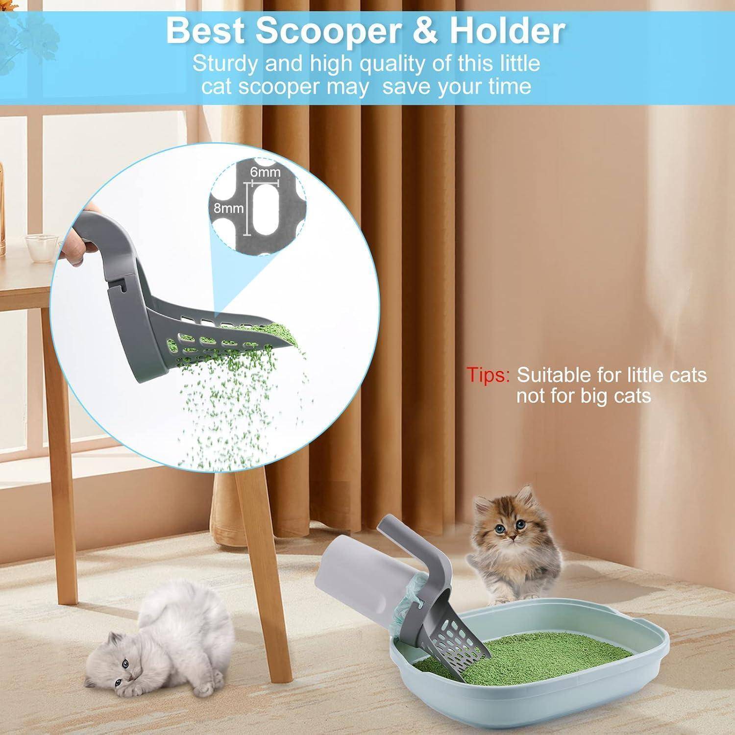 Katzenstreuschippe und Halterung' mit detaillierter Ansicht der Schaufelöffnungsgrößen. Text: 'Beste Schippe & Halterung. Geeignet für kleine Katzen, nicht für große Katzen.