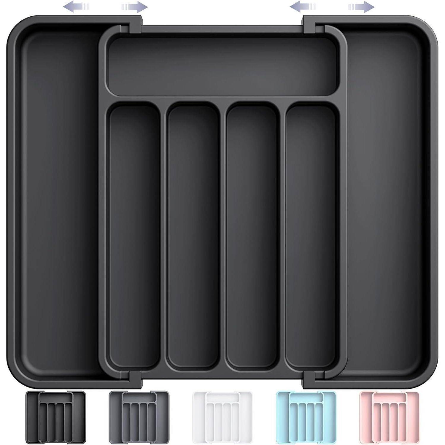 Schwarzes ausziehbares Besteckfach mit verstellbaren Fächern zur Organisation. Kleine Bilder zeigen Farbvariationen: Schwarz, Grau, Weiß, Blau, Rosa.