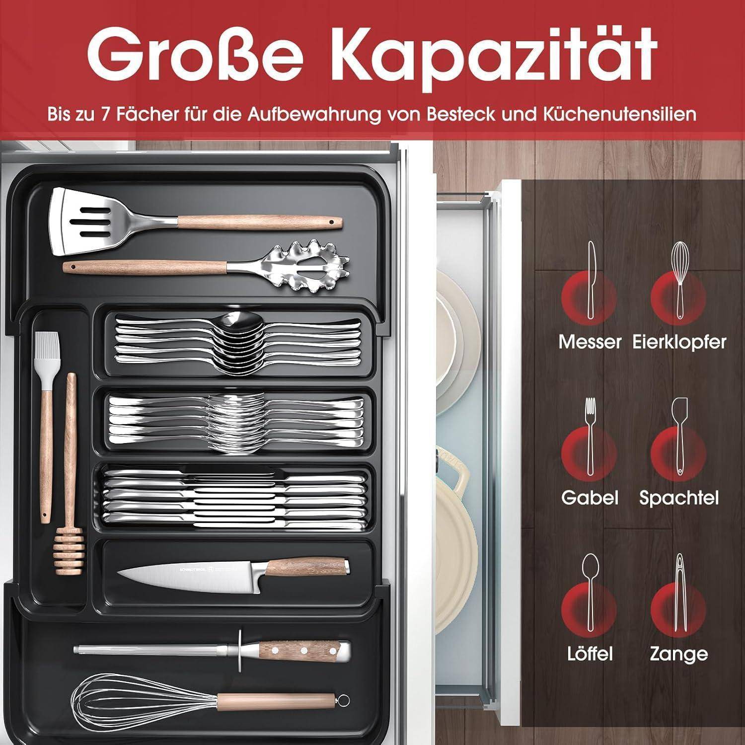 Besteckschublade mit großer Kapazität mit ordentlich angeordneten Bestecken: Gabeln, Messer, Löffel und Küchenutensilien. Visuelle Anleitung neben der Schublade.