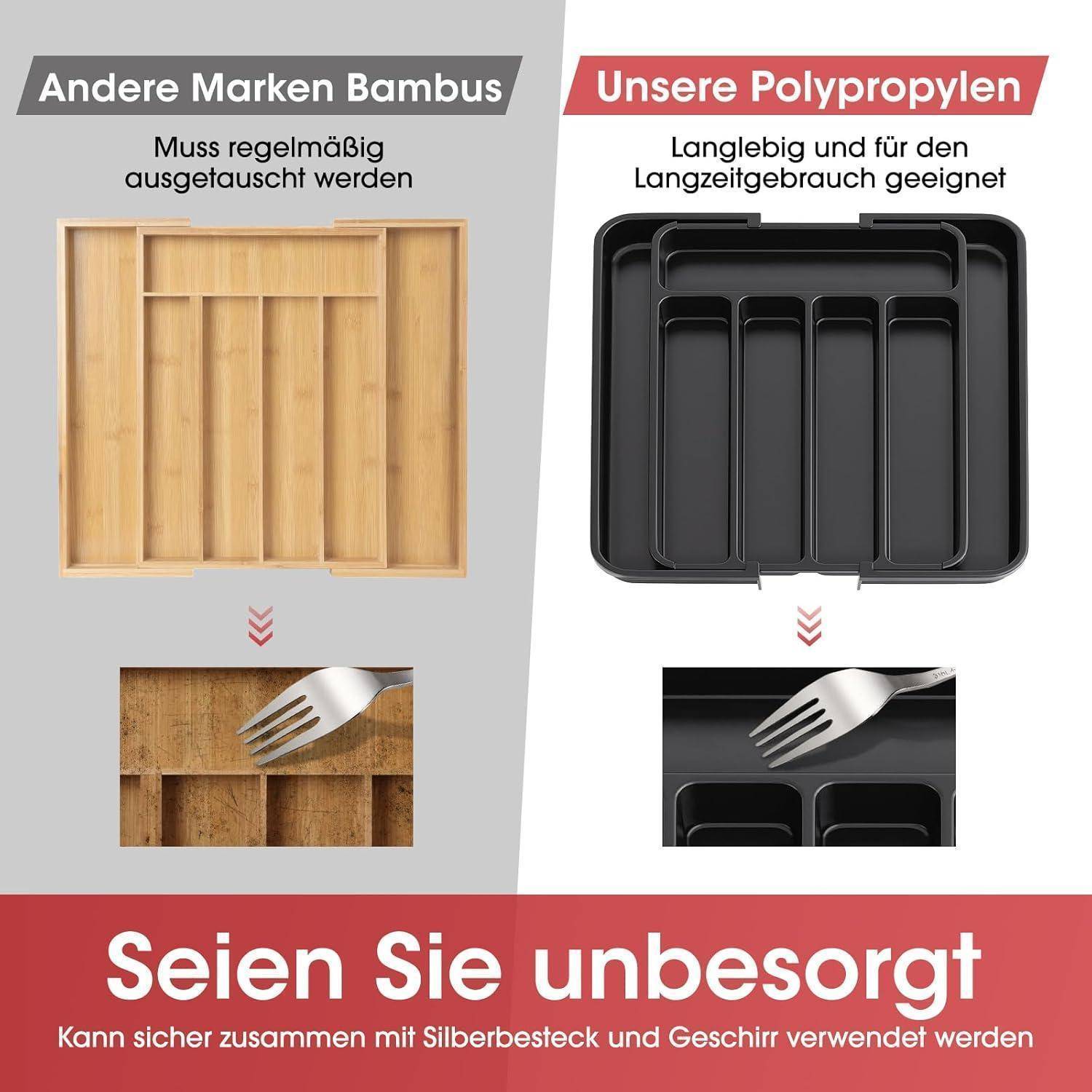 Vergleichsbild von zwei Besteckschubladen: Bambus links, mit der Beschriftung 