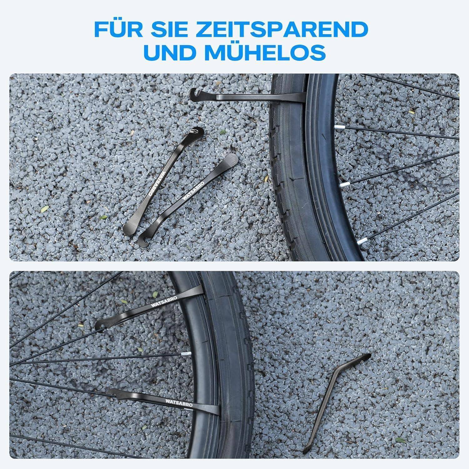 Das Bild zeigt eine Fahrradreparatur eines Reifens mit Reifenhebeln auf Schotter. Der Text lautet „Für Sie zeitsparend und mühelos,