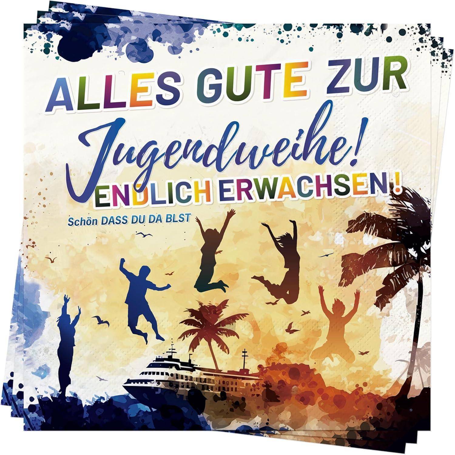 Alles Gute zur Jugendweihe! Endlich erwachsen! Schön, dass du da bist.' Lebendige Silhouettenszene mit fröhlichen Figuren und Palmen.