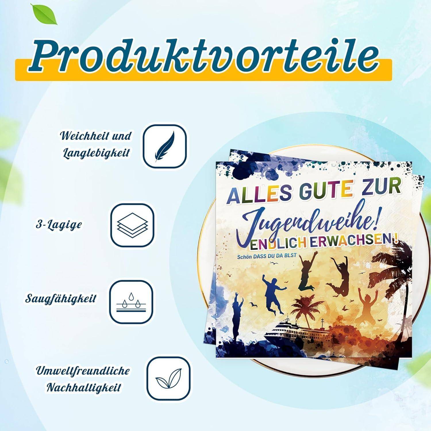 Eine lebendige Karte mit 'Alles Gute zur Jugendweihe! Endlich Erwachsen!' umgeben von Symbolen: Feder, Zweig, Wassertropfen und Recycling-Symbol.