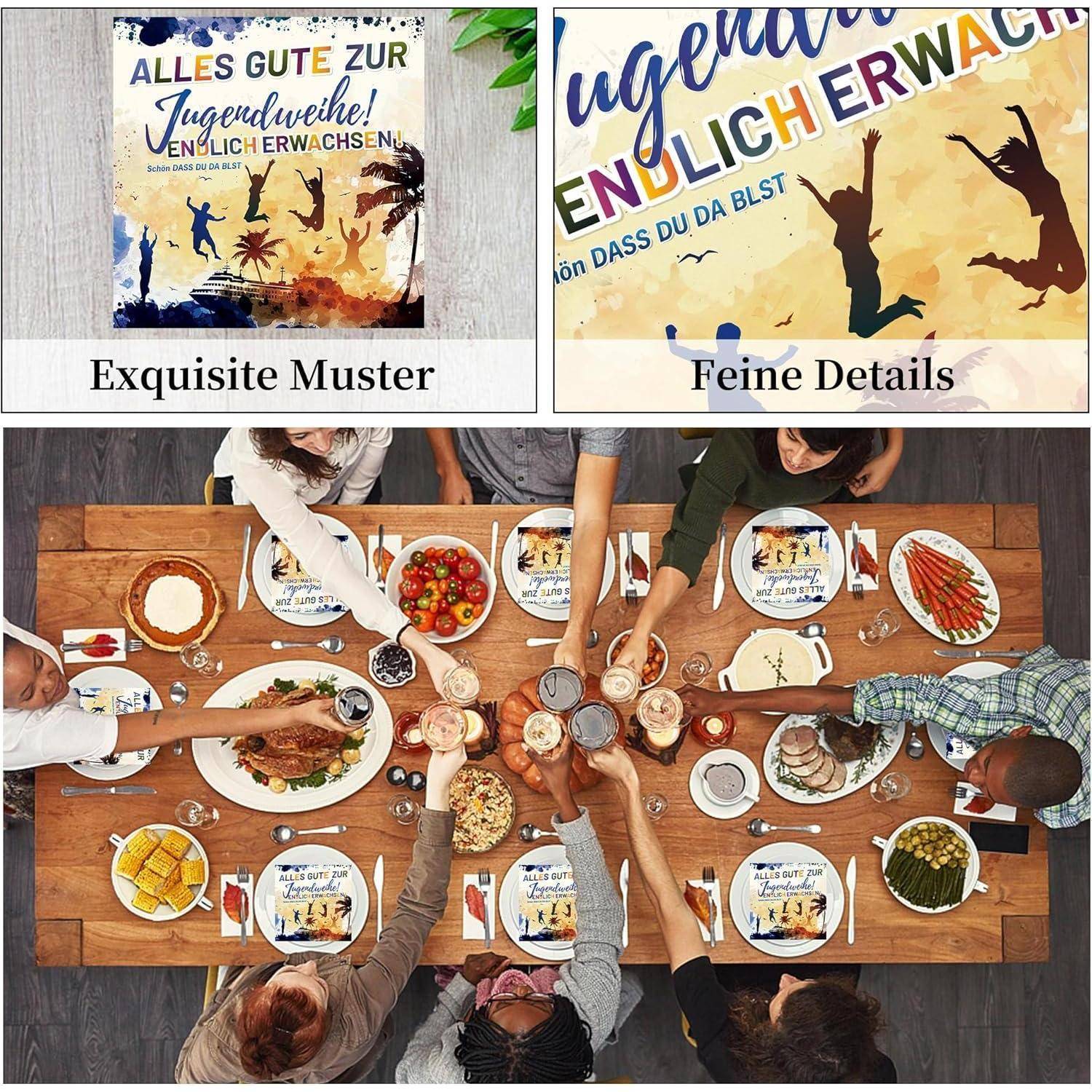 Eine Familie sitzt um einen Holztisch, der mit Tellern voller Speisen bedeckt ist und stößt mit Getränken an. Oben: Poster zum Thema 
