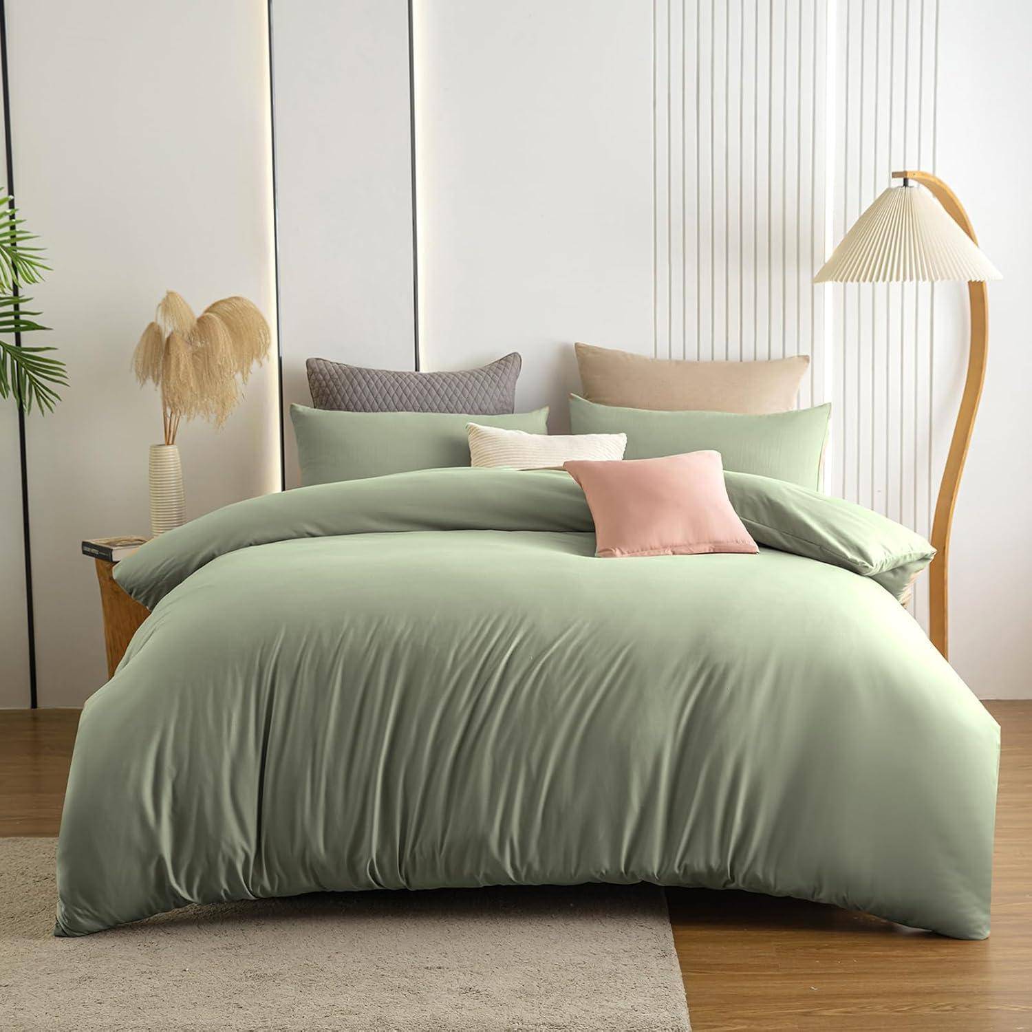 Ein ordentlich gemachtes Bett mit einer hellgrünen Bettdecke, mehreren pastellfarbenen Kissen und einem Nachttisch mit einer Lampe und dekorativen Pflanzen in einem modernen Schlafzimmer.