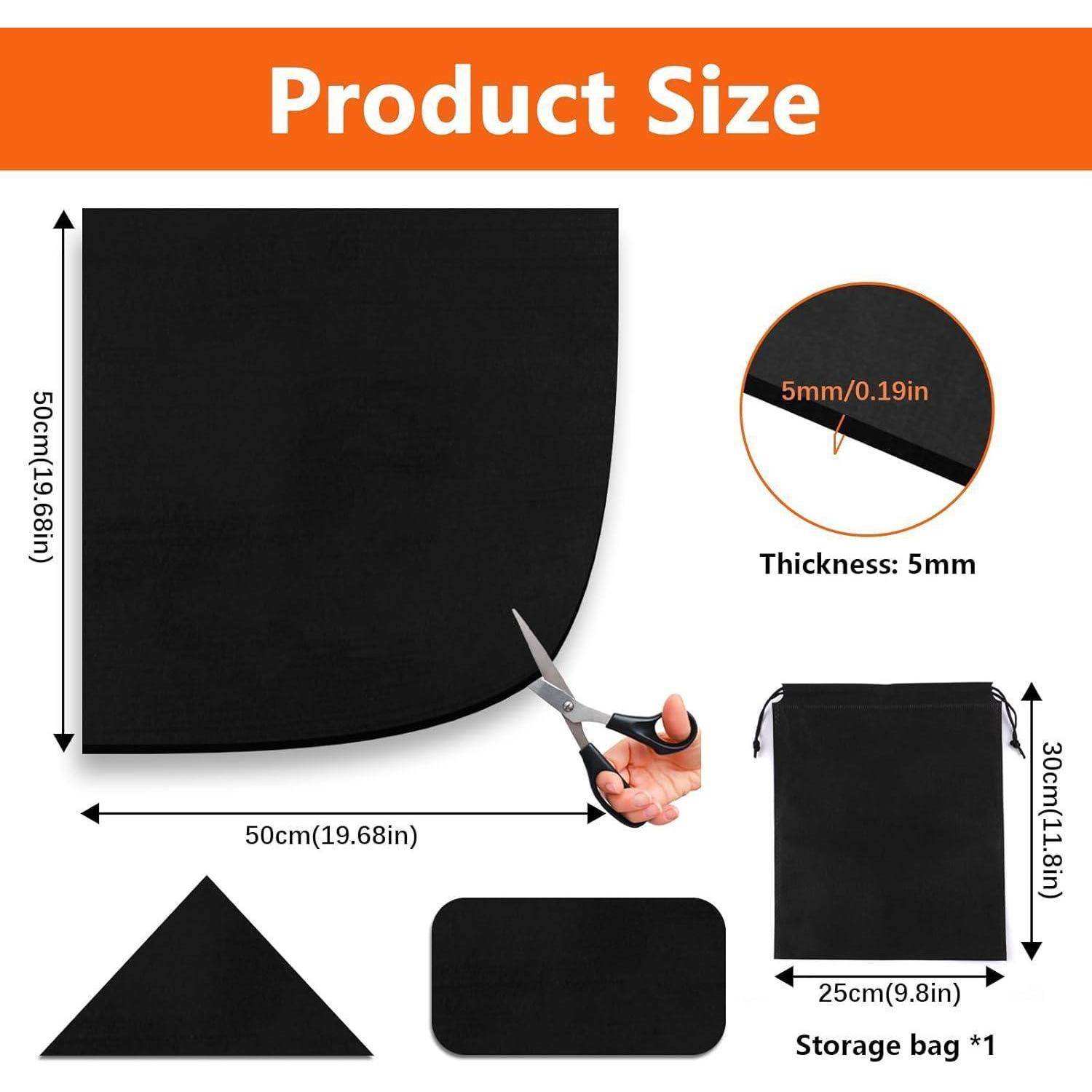 Produktgröße: Dargestellt mit einem Bild von Scheren, die eine schwarze Matte von 50 cm x 50 cm mit einer Dicke von 5 mm zuschneiden. Inklusive einer Aufbewahrungstasche von 25 cm x 30 cm.