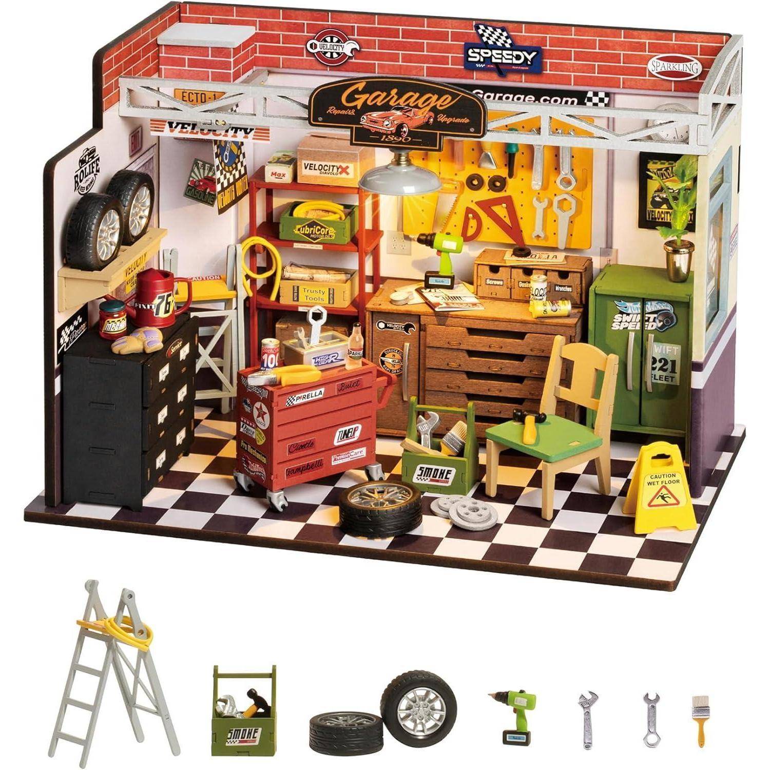 Holz Werkstatt Garage DIY Puppenhaus Bausatz LED Lichter DIY Kit