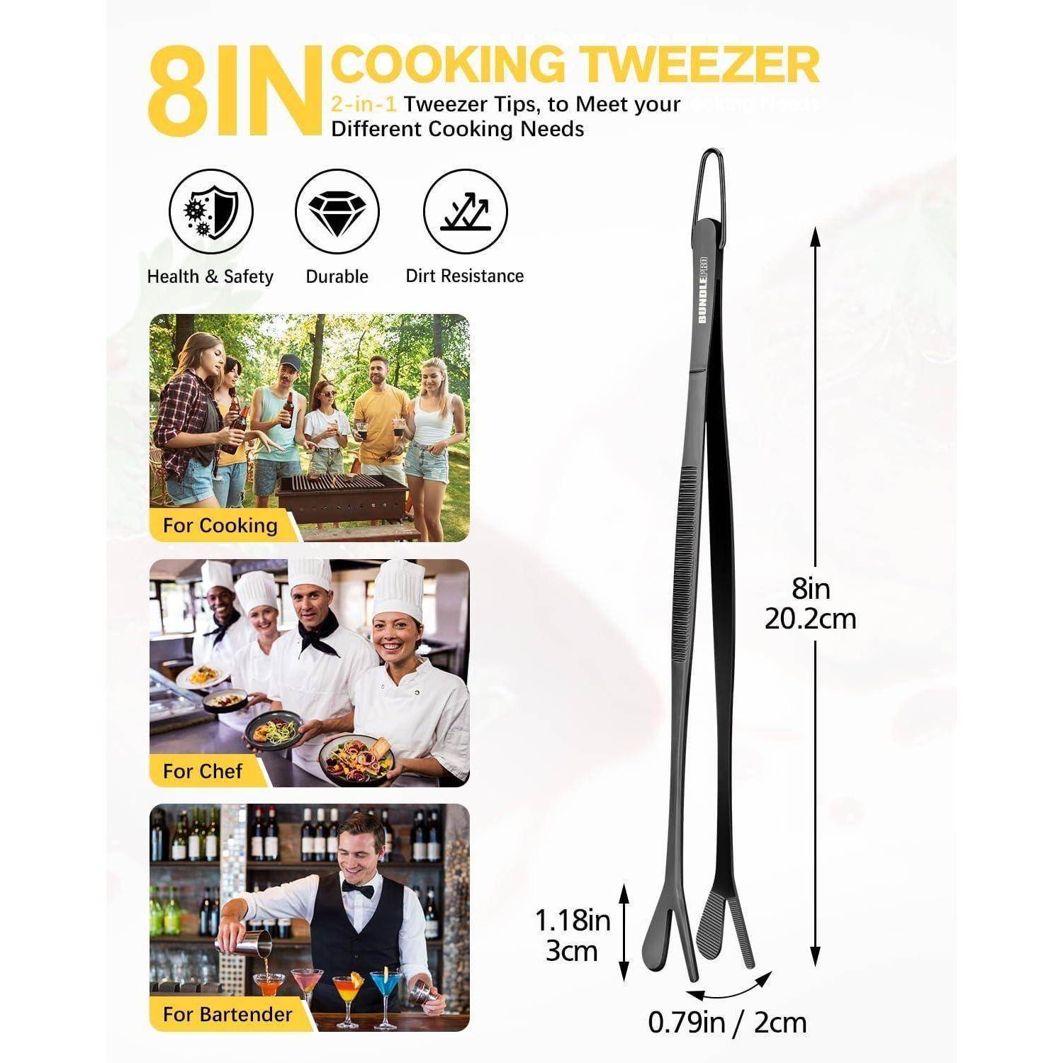 8IN Kochpinzette: 2-in-1 Pinzettenspitzen für Kochbedürfnisse. Merkmale: Gesundheit & Sicherheit, Langlebig, Schmutzresistent. Abmessungen: 8in (20,2 cm) lang.