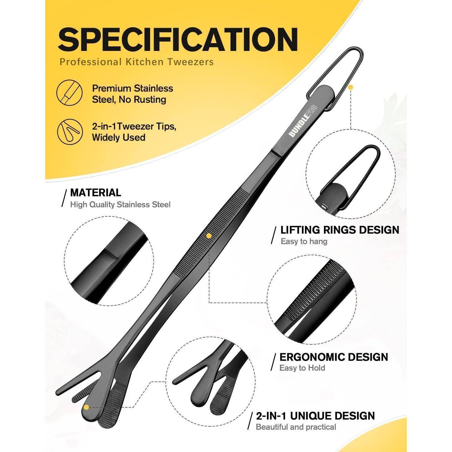 Spezifikation beschreibt Küchenpinzetten: hochwertige Edelstahlausführung, 2-in-1-Spitzen, Tragegriffe, ergonomisches Design, einzigartige Form.