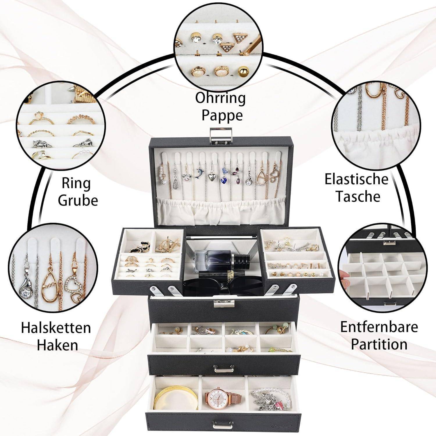 Schmuckaufbewahrungsbox mit Fächern für Ringe, Ohrringe, Halsketten und herausnehmbaren Trennwänden. Inklusive elastischer Taschen und Haken.