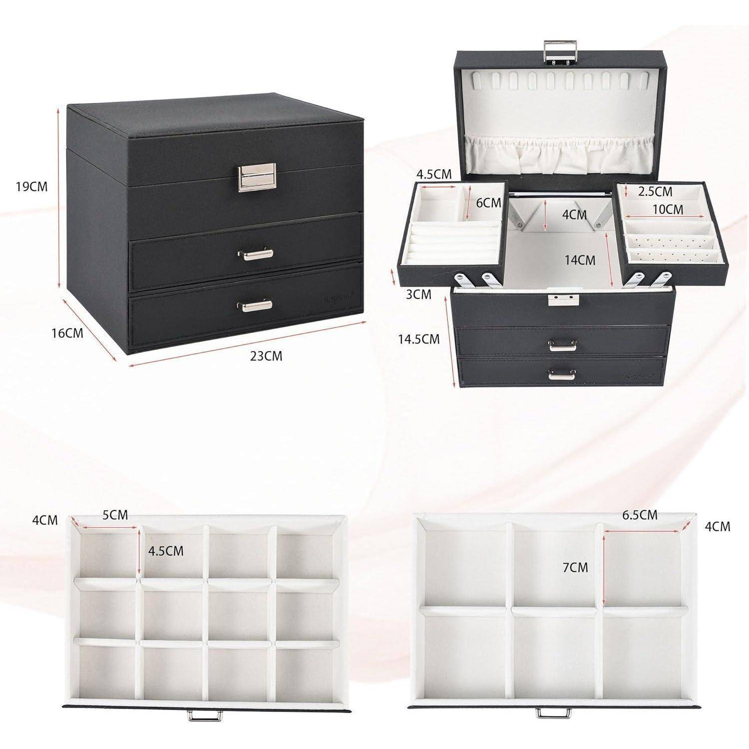 Eine Schmuckaufbewahrungsbox mit dargestellten Abmessungen. Oben: Ansicht von oben mit Fächern. Unten: Geschlossene Ansicht mit Schubladen. Abmessungen sind beschriftet.