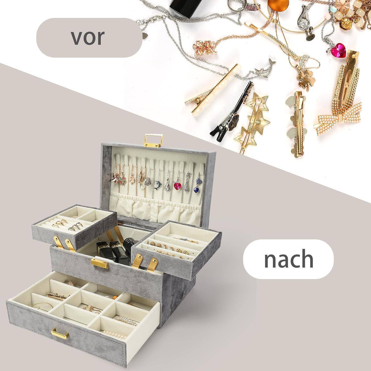 Vorher': eine verstreute Sammlung von Schmuckstücken, einschließlich Halsketten und Klammern. 'Nachher': eine organisierte Schmuckschatulle mit Fächern, ordentlich sortiert.