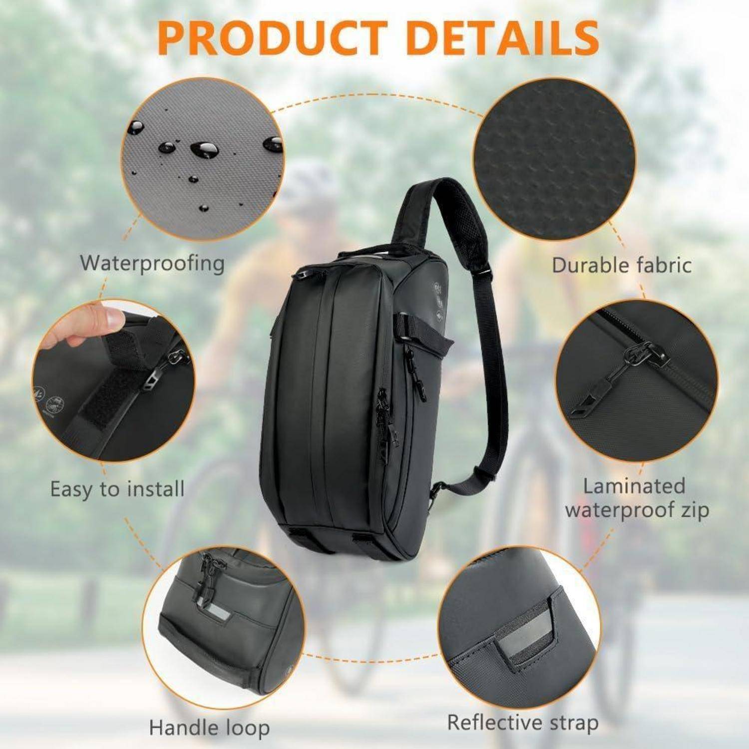 Details des Produkts' Bild zeigt einen schwarzen Rucksack mit Hervorhebungen: Wasserdichtigkeit, strapazierfähiges Gewebe, einfache Installation, laminierter wasserdichter Reißverschluss, Tragegriff und reflektierender Gurt.