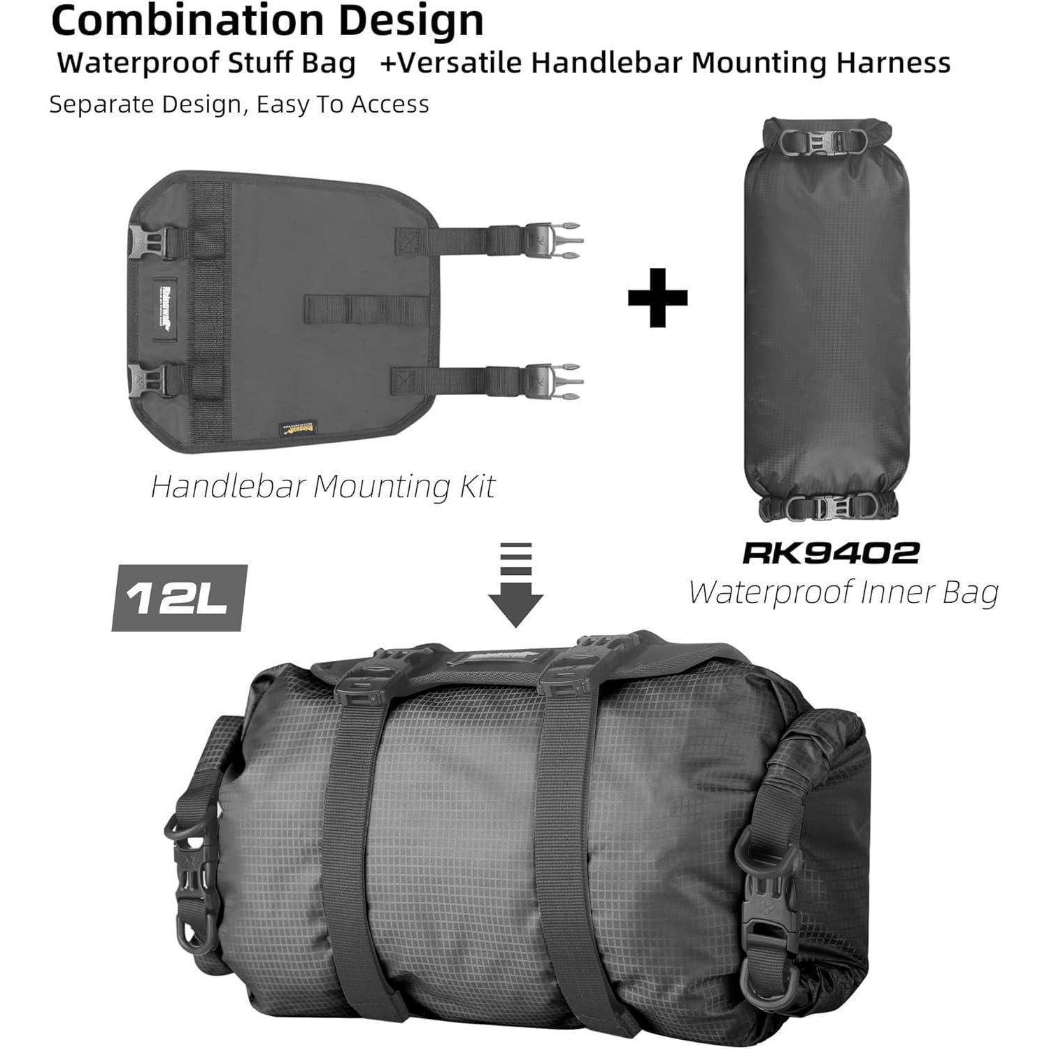 Kombiniertes Design: Wasserdichter Packsack + Vielseitige Lenkerbefestigungsvorrichtung. Zeigt ein 12-Liter-Lenkermontage-Kit mit wasserdichtem Innenbeutel und Trägern.