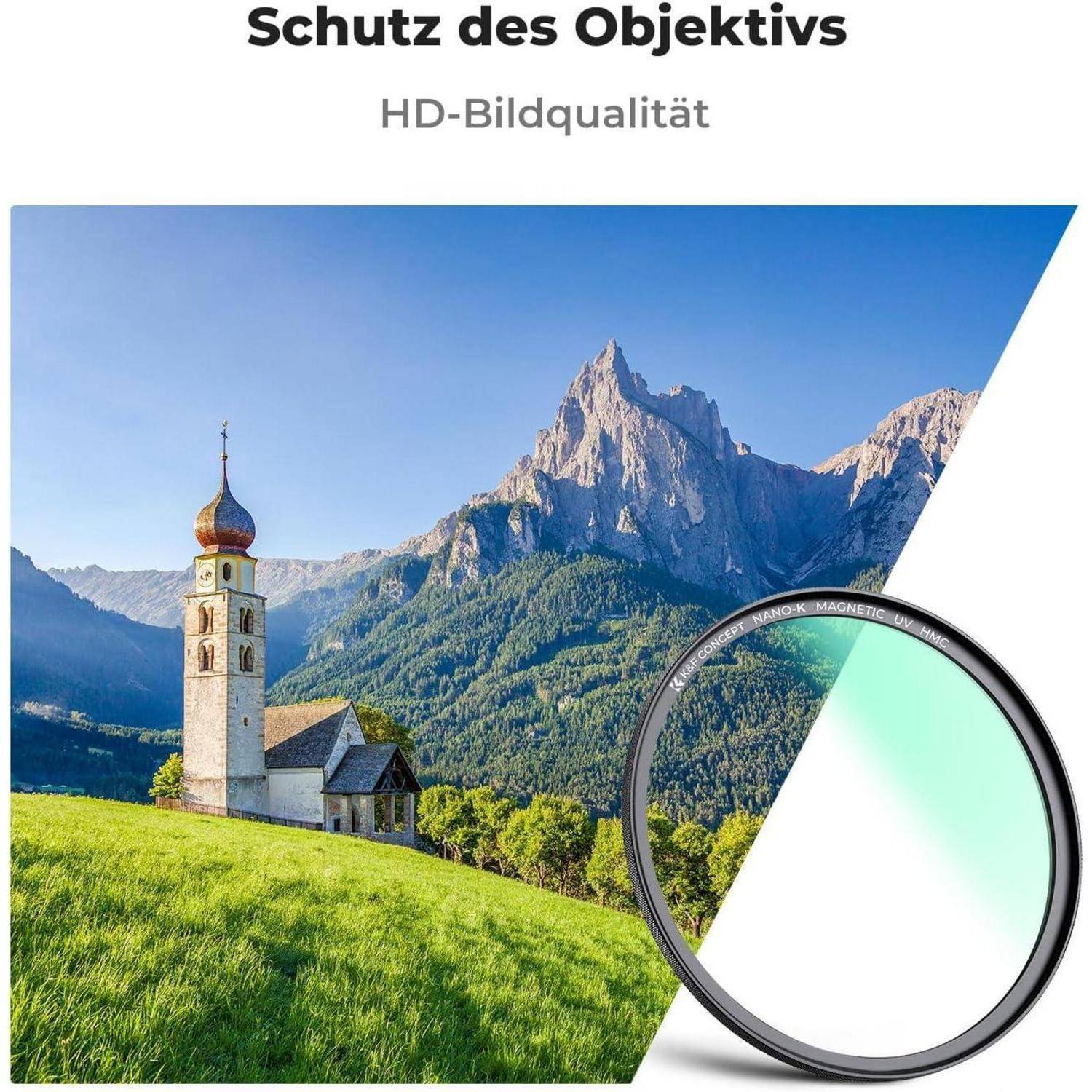 Ein Objektivfilter mit 'Objektivschutz' Text und einer malerischen Aussicht auf eine Kirche, Berge und blauen Himmel, der eine HD-Bildqualität bewirbt.