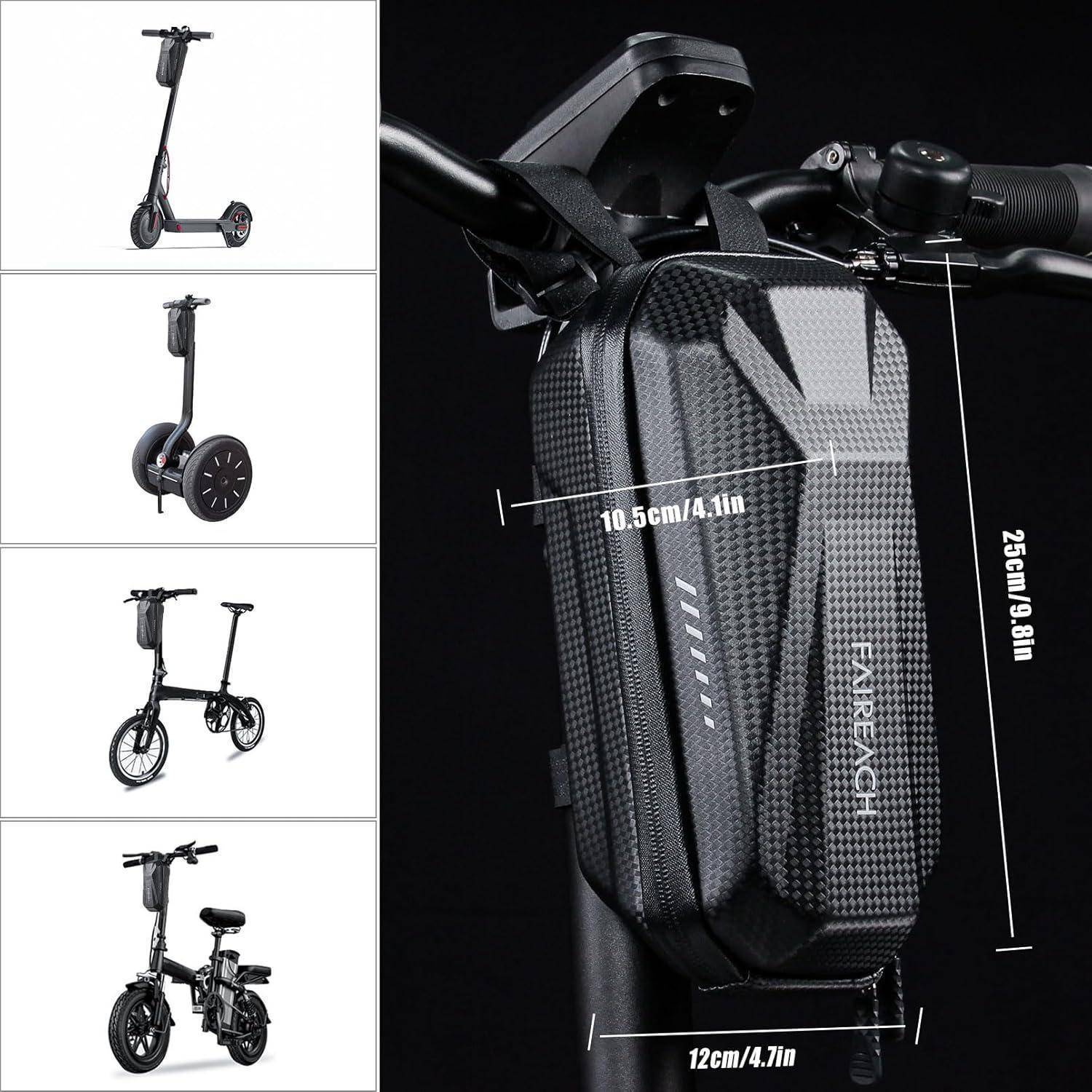 E-Scooter und Fahrräder mit Abmessungen für eine Lenkertasche dargestellt: 25 cm hoch, 10,5 cm breit, 12 cm tief.