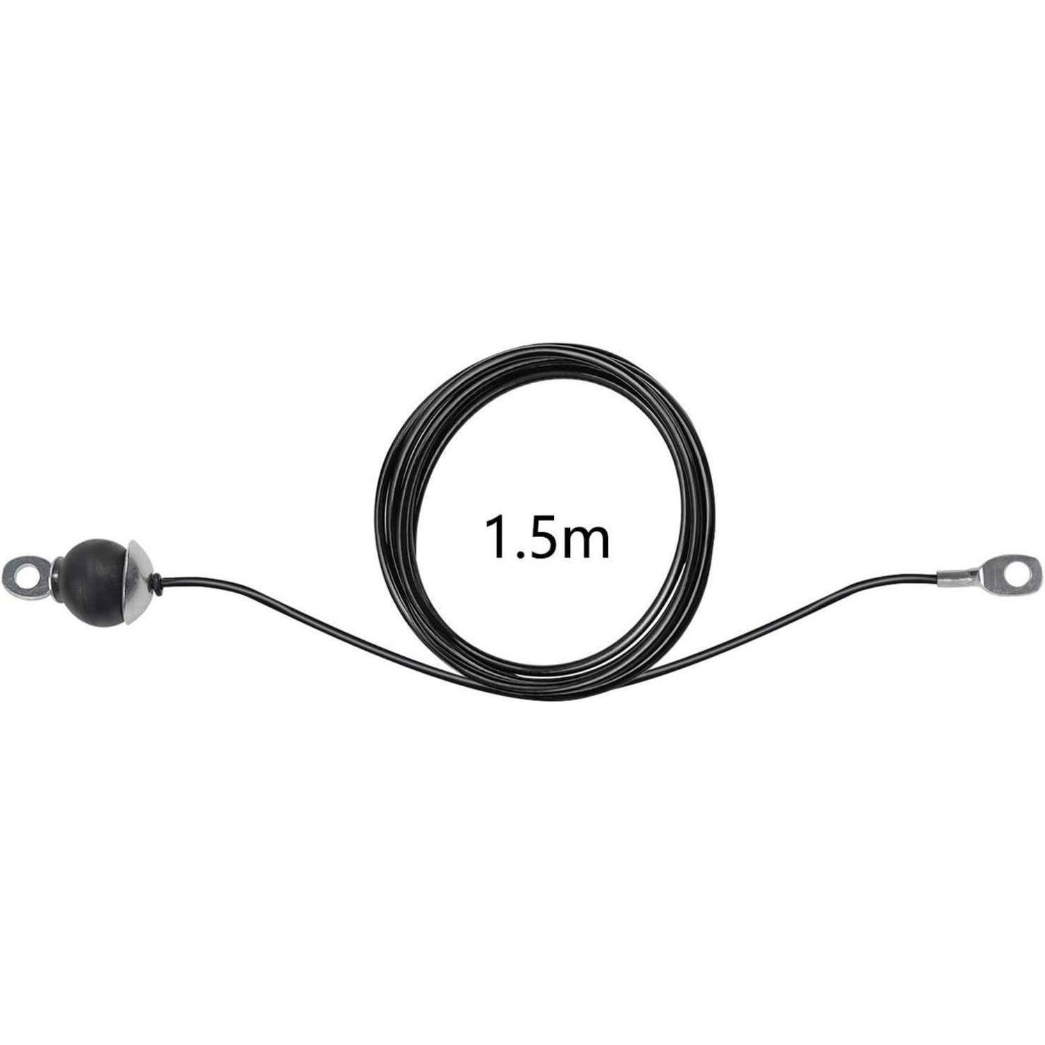 Ein schwarzes Kabel mit einer Länge von 1,5 Metern, versehen mit Schlaufen an beiden Enden und einem Stopper, der nahe einem Ende positioniert ist.