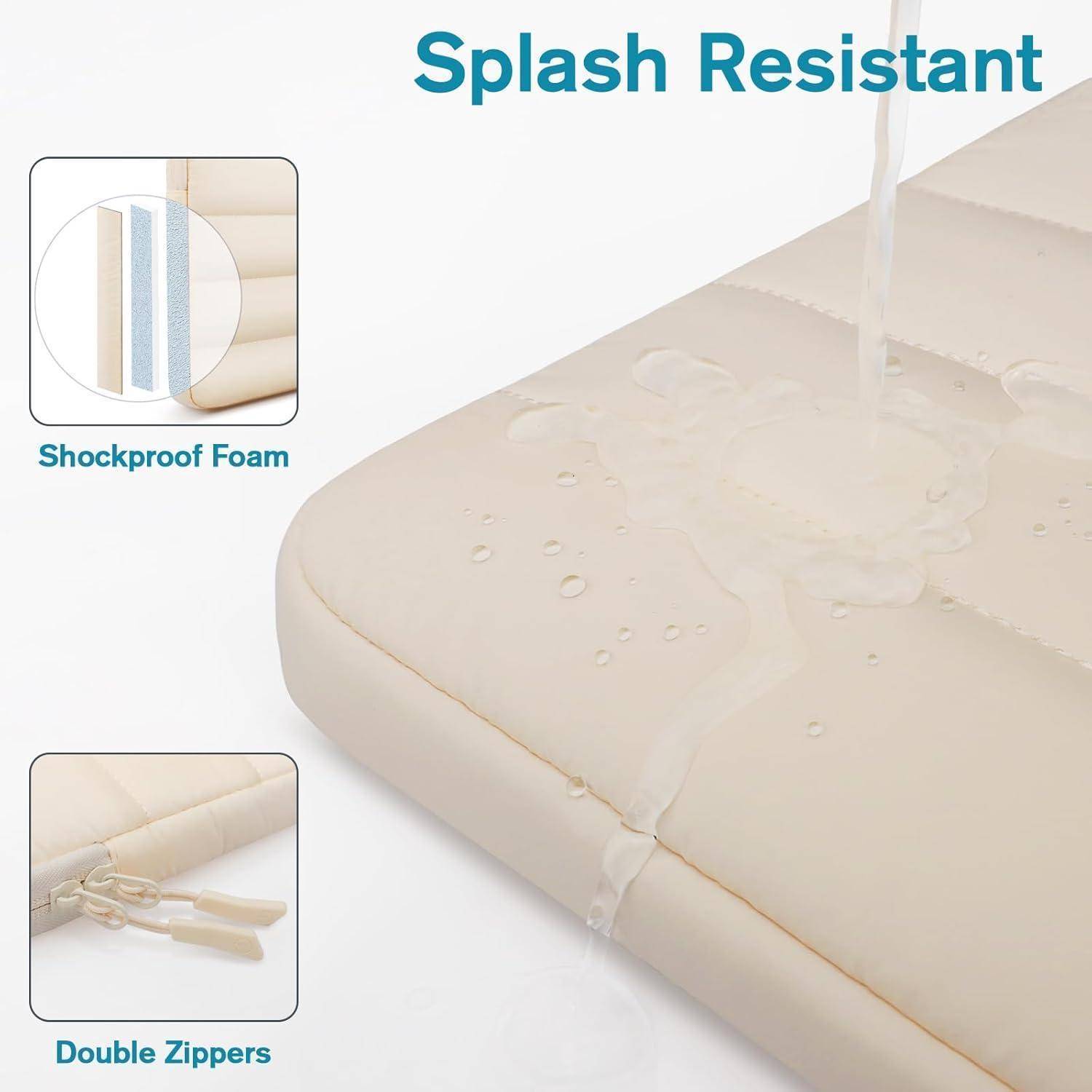 Laptoptasche mit 'spritzwasserresistenter' Eigenschaft, bei der Wassertropfen abperlen. Einblenden zeigen 'stoßdämpfendes Schaumstoff' und 'Doppelreißverschlüsse'.