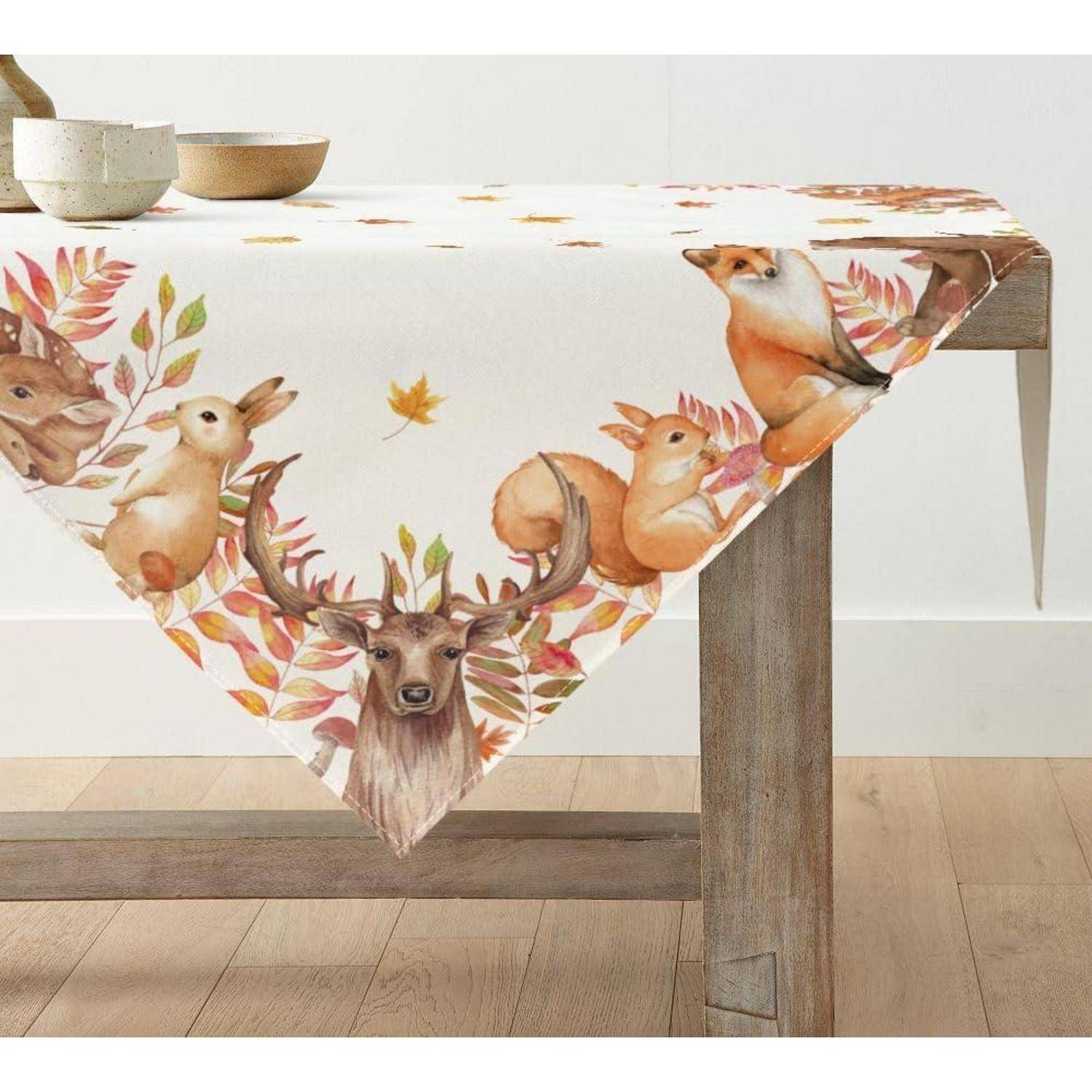 Herbst Tischdecke Hirsch Deer Vögel Küche Dekoration 85x85 cm Beige