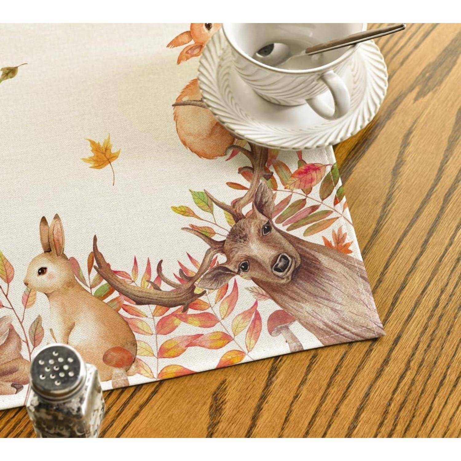 Herbst Tischdecke Hirsch Deer Vögel Küche Dekoration 85x85 cm Beige