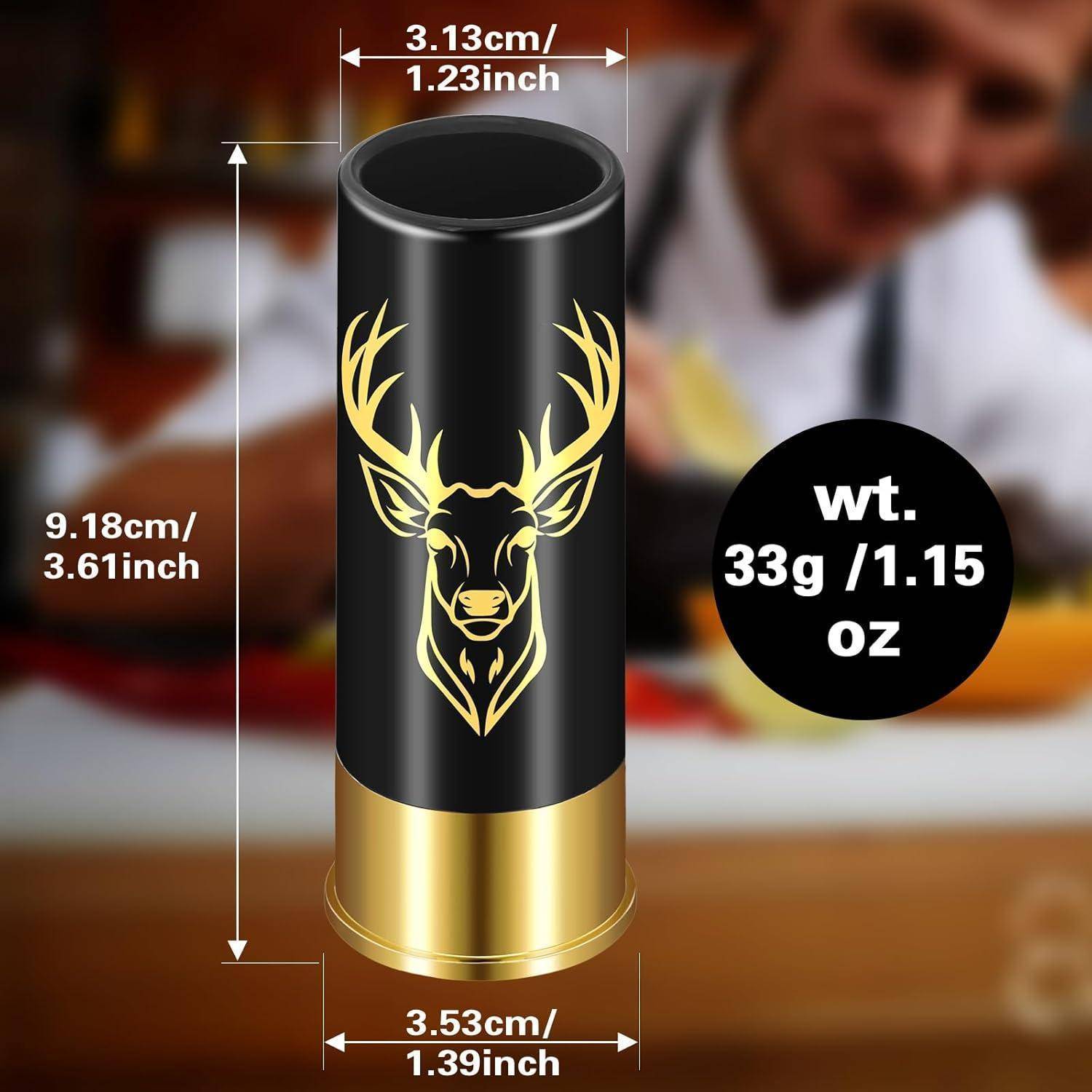 Kugelförmiges Edelstahlprodukt mit Hirsch-Design, Abmessungen: 9,18 cm Höhe, 3,13 cm oberer Durchmesser, 3,53 cm Basisdurchmesser, Gewicht: 33 g.