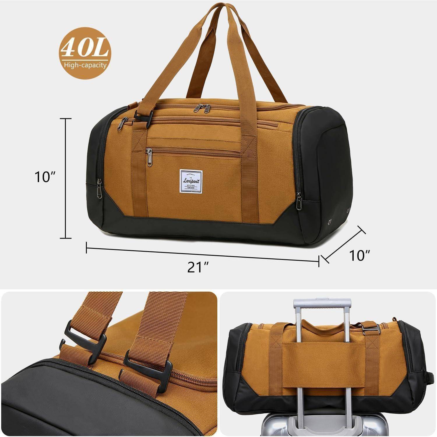 Eine braune und schwarze Reisetasche mit der Aufschrift 