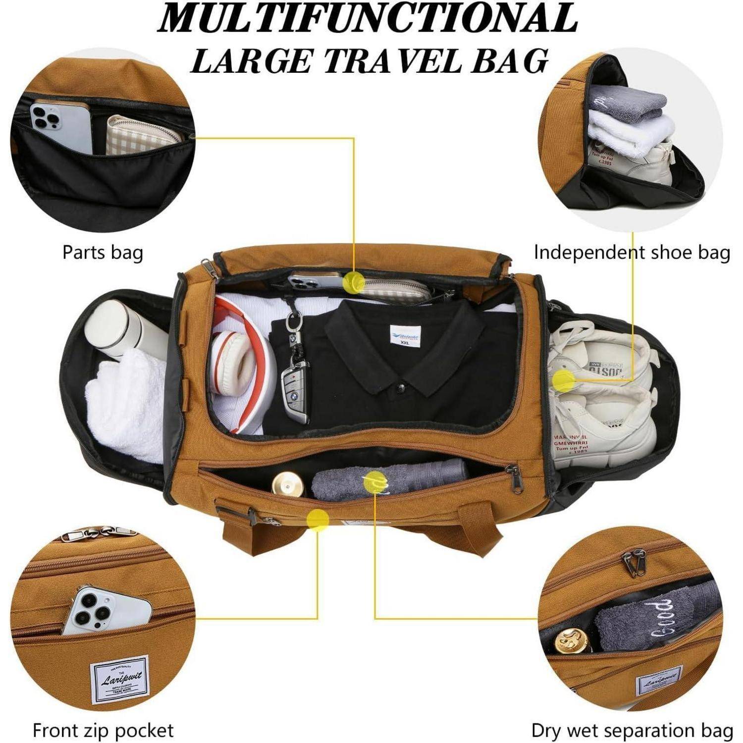 Multifunktionale Reisetasche mit separaten Abteilen für eine Zubehörtasche, eine unabhängige Schuhfachtasche, einer Reißverschlusstasche an der Vorderseite und einem Fach zur Trennung von trockenen und nassen Gegenständen, die verschiedene Utensilien zeigt.