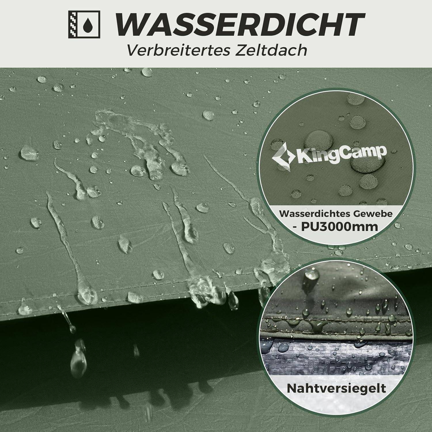 Grüner wasserdichter Stoff mit der Beschriftung 'PU3000mm' von KingCamp, auf dem Wassertropfen und versiegelte Nähte zu sehen sind. Deutscher Text liest sich 'Wasserdicht' und 'Verbreitertes Zeltdach'.