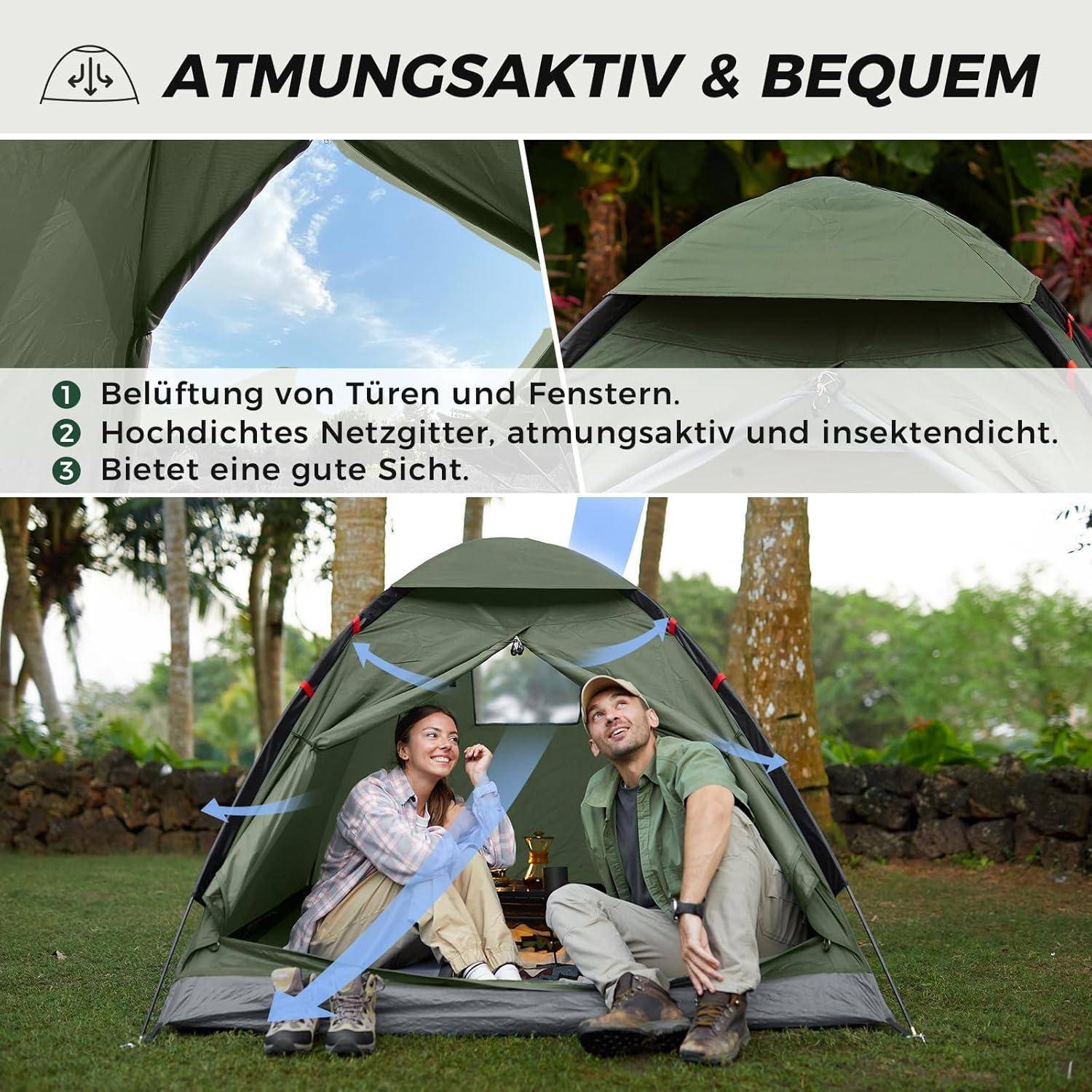 Ein Paar lächelt in einem grünen Campingzelt in einer malerischen Naturumgebung. Der Text bewirbt seine atmungsaktiven, insektenresistenten und privatsphärefreundlichen Eigenschaften.
