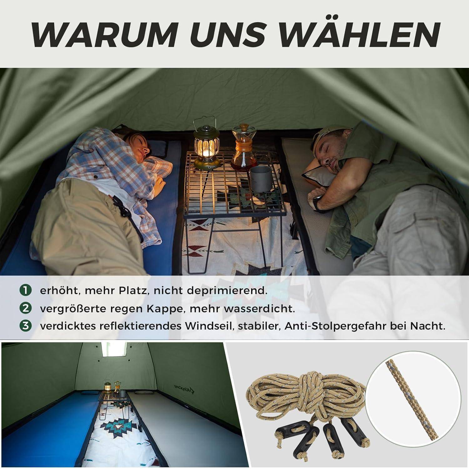 Zwei Personen ruhen bequem in einem Zelt und demonstrieren dessen Geräumigkeit. Text unten listet die Eigenschaften des Zeltes auf: mehr Platz, verbesserte Kappe und reflektierender Windschutz.