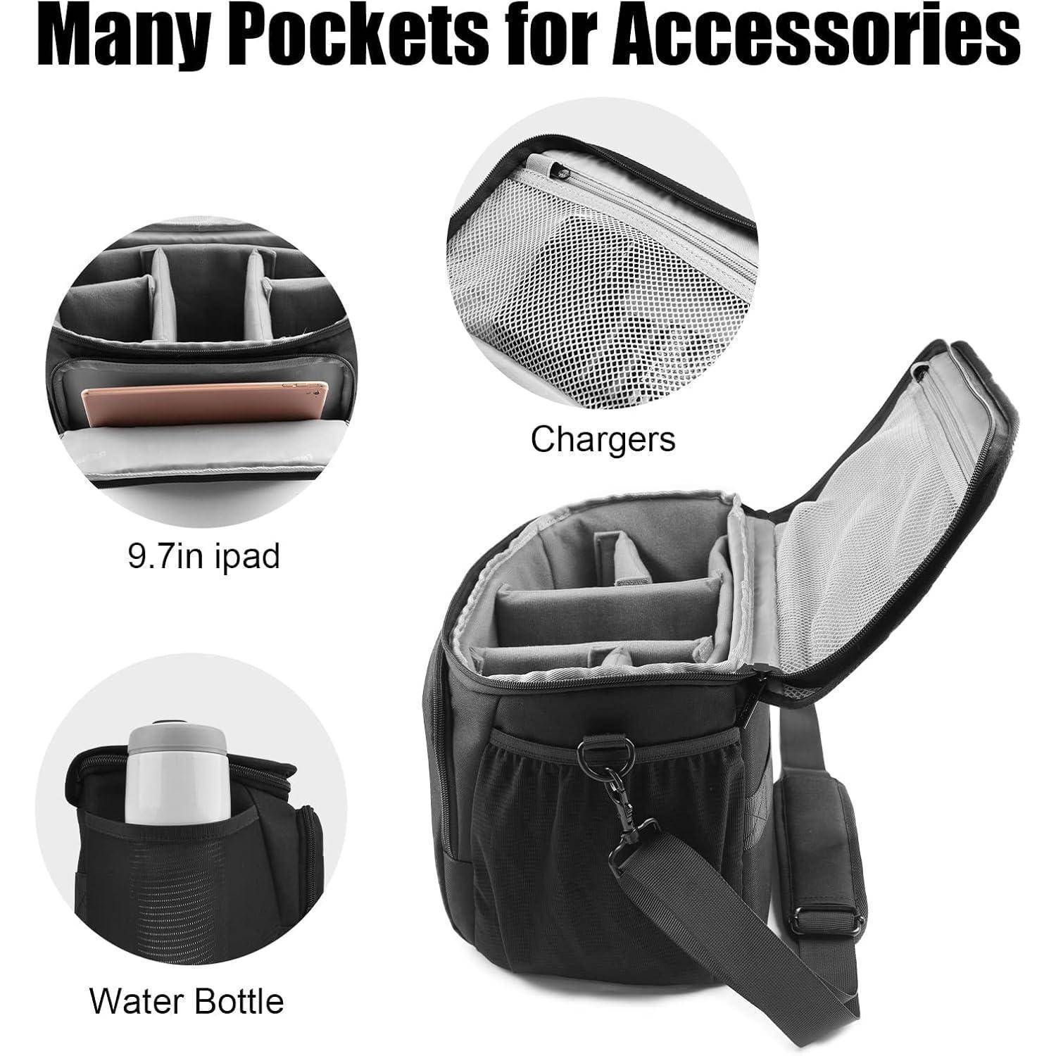Schwarze Kamera-Tasche mit mehreren Fächern und Taschen, einschließlich Platz für ein 9,7-Zoll-iPad, Ladegeräte und eine Wasserflasche.