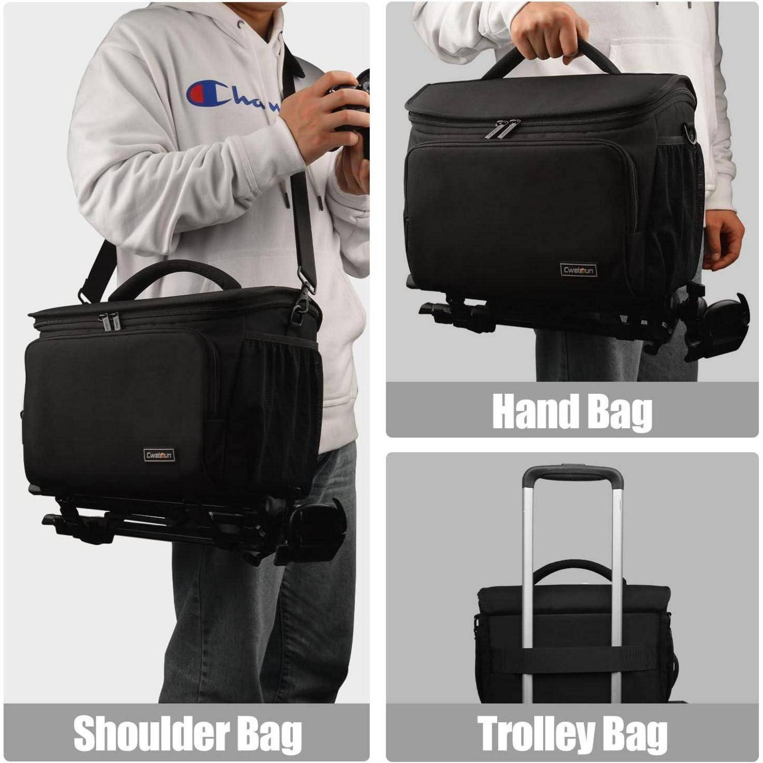 Collage aus drei Bildern, die einen schwarzen Beutel in verschiedenen Verwendungen zeigt: ‚Umhängetasche', ‚Handtasche' und ‚Trolley-Tasche' mit ausziehbarem Griff.