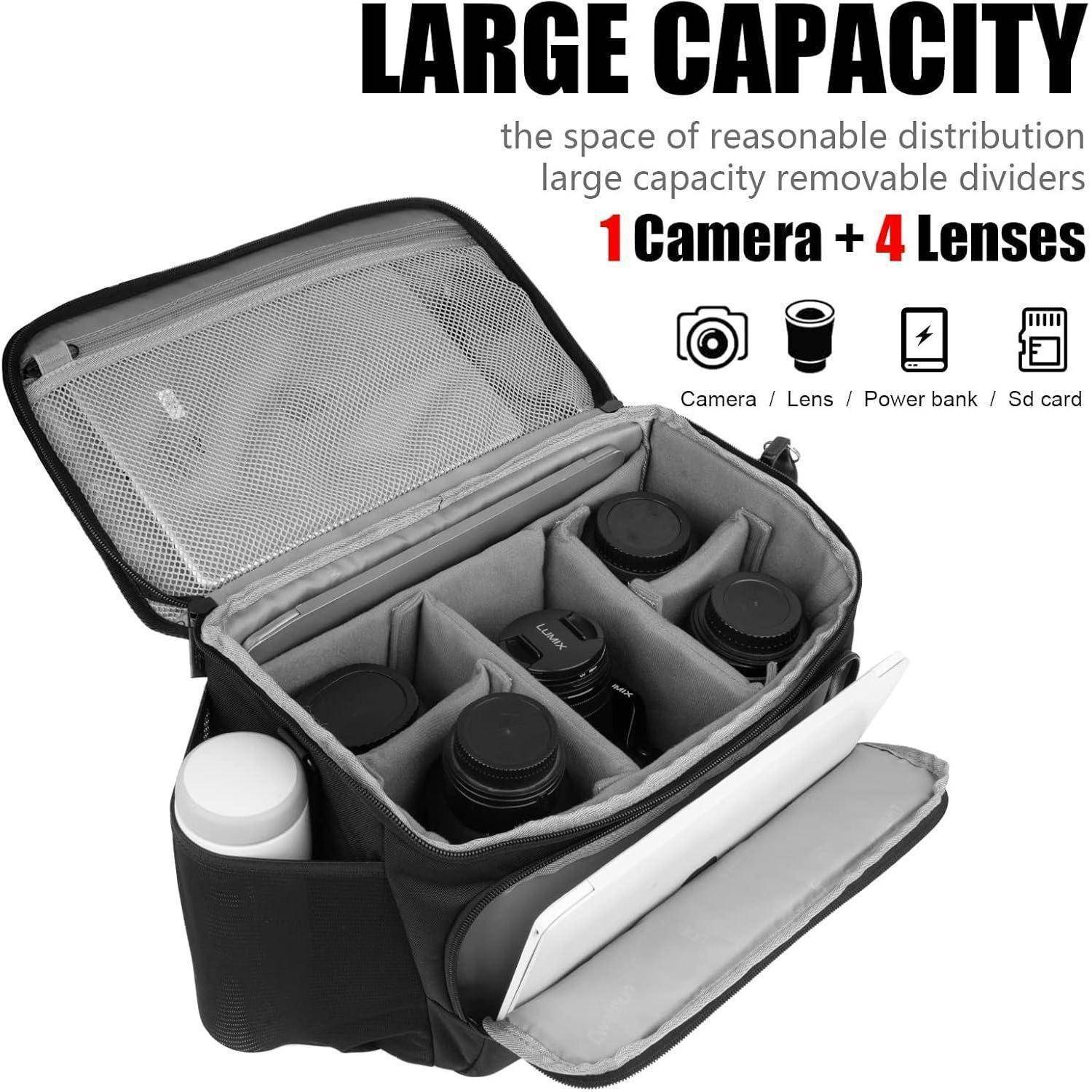Kamera-Tasche mit großem Fassungsvermögen mit verstellbaren Trennwänden, die 1 Kamera und 4 Objektive aufnehmen kann. Ausgestattet mit Beschriftungen für Kamera, Objektiv, Powerbank und SD-Karte.
