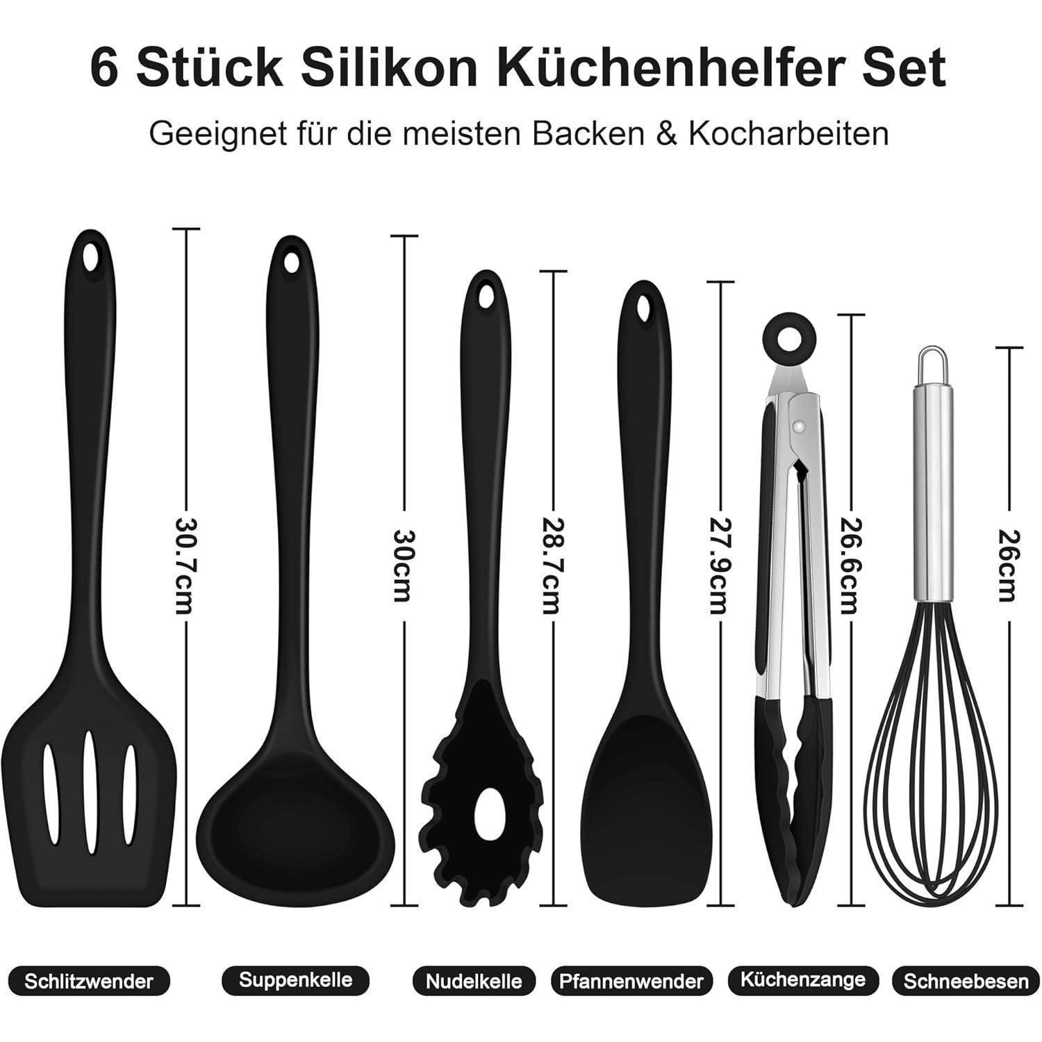 Sechsteiliges Silikon-Küchenutensilien-Set, ideal zum Backen und Kochen, enthält Pfannenwender, Schöpfkelle, Nudelwender, Löffel, Zange, Schneebesen.
