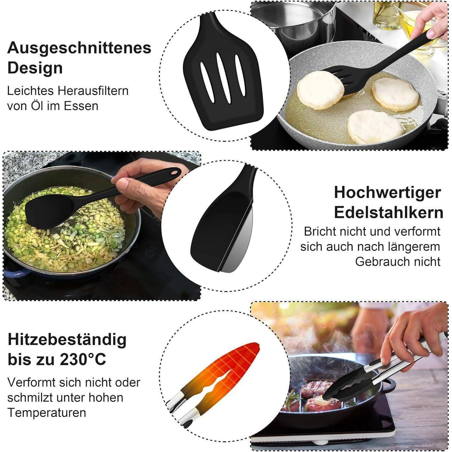 Ein Küchenwender wird in verschiedenen Kochszenarien gezeigt: beim Wenden von Pfannkuchen, Rühren von Grüngemüse und Anheben von Speisen. Zu den Merkmalen gehören Ausschnittdesign, hochwertige Edelstahlkonstruktion und Hitzebeständigkeit bis zu 230°C. Der deutsche Text betont die einfache Ölfiltration, Langlebigkeit und Hitzeresistenz.