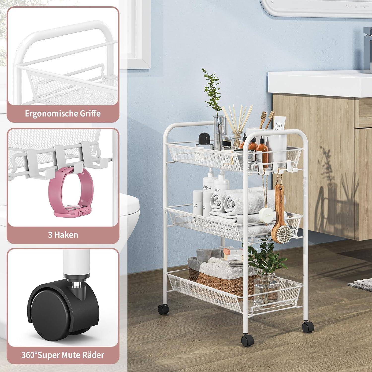 Ein weißer rollender Badezimmerwagen mit drei Regalen, der Pflanzen und Toilettenartikel trägt. Eingesetzte Bilder heben ergonomische Griffe, Haken und Lenkrollen hervor.
