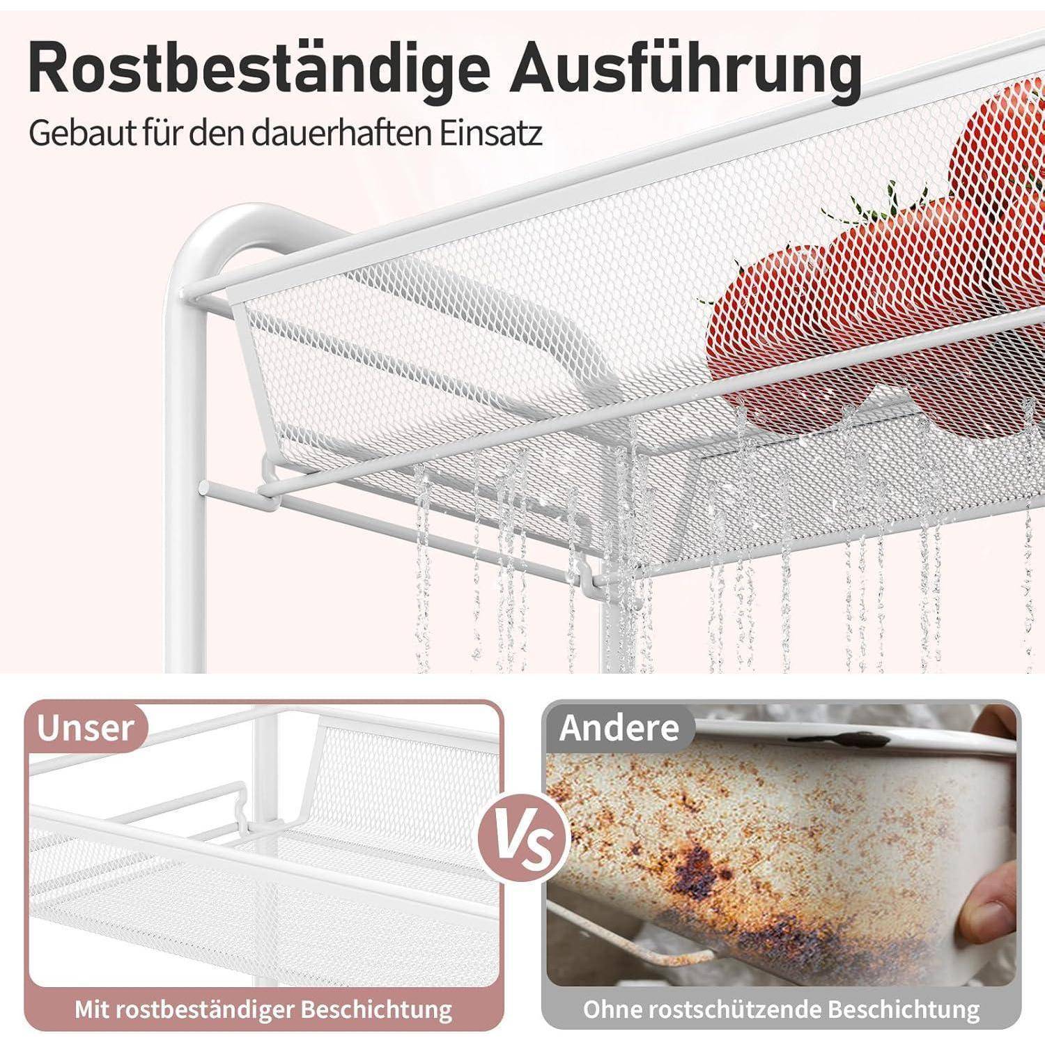 Eine Ausführung in Rostbeständigkeit zeigt ein zweistufiges Metallregal mit einem Korb, der rote Tomaten enthält, im Kontrast zu einem verrosteten Regal eines Konkurrenten.