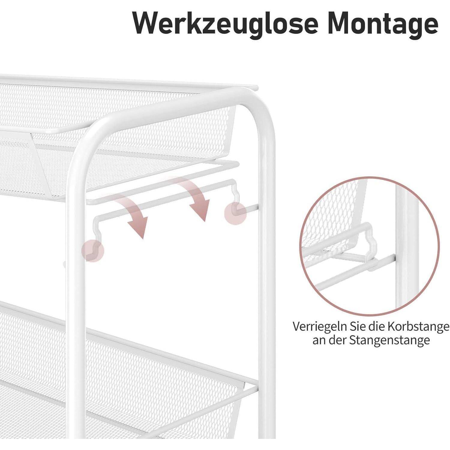 Ein Metallrahmen mit einem Korb, der mit Pfeilen gekennzeichnet eingesetzt wird. Einblendung zeigt eine Nahaufnahme des Verschlussmechanismus. Text lautet 'Werkzeuglose Montage' und 'Verriegeln Sie die Korbstange an der Stangenstange'.