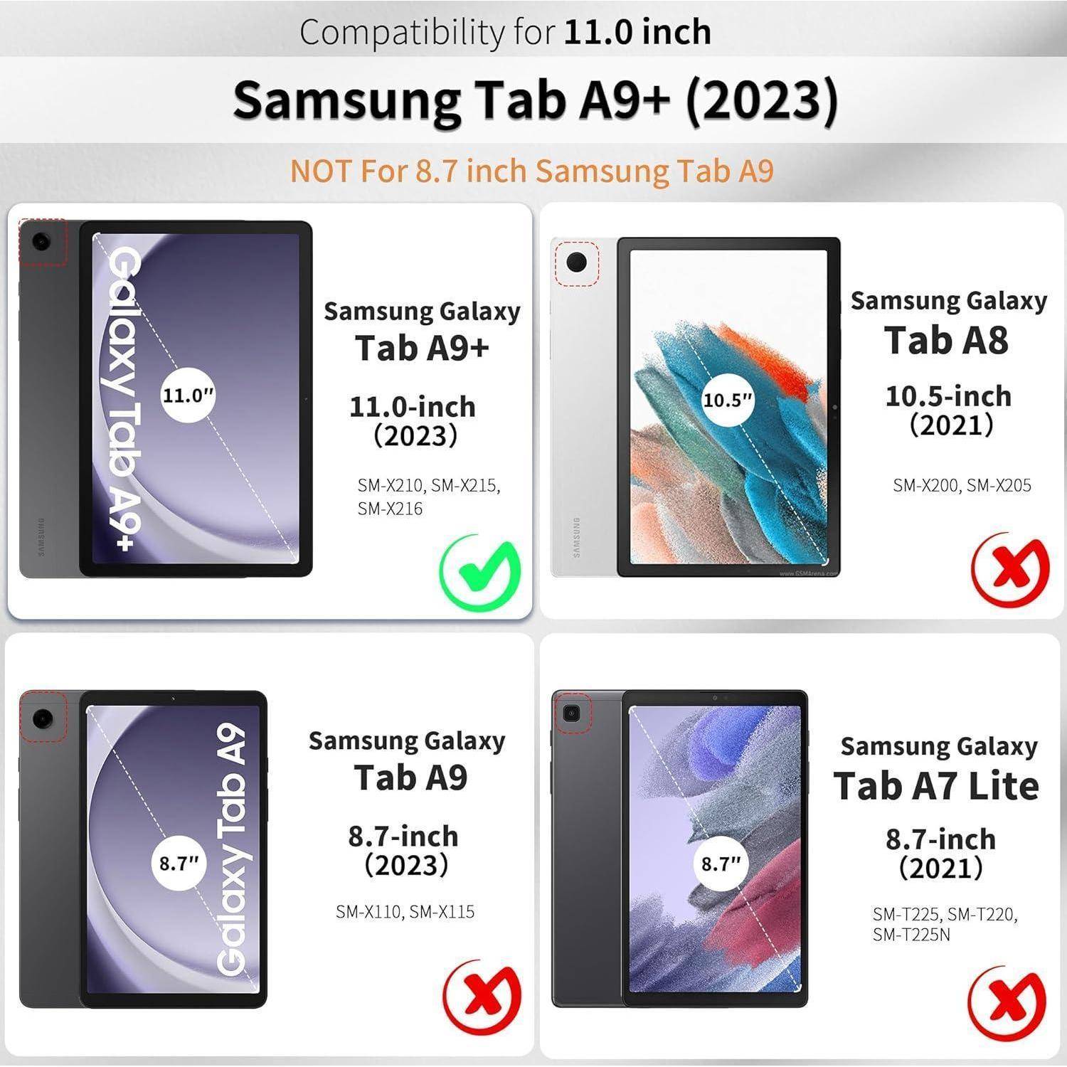 Kompatibilität für Samsung Tab A9+ (2023) mit 11,0 Zoll. NICHT für 8,7 Zoll Tab A9, Tab A7 Lite. Überprüfen Sie die Gerätemodell-Nummer für die korrekte Passgenauigkeit.