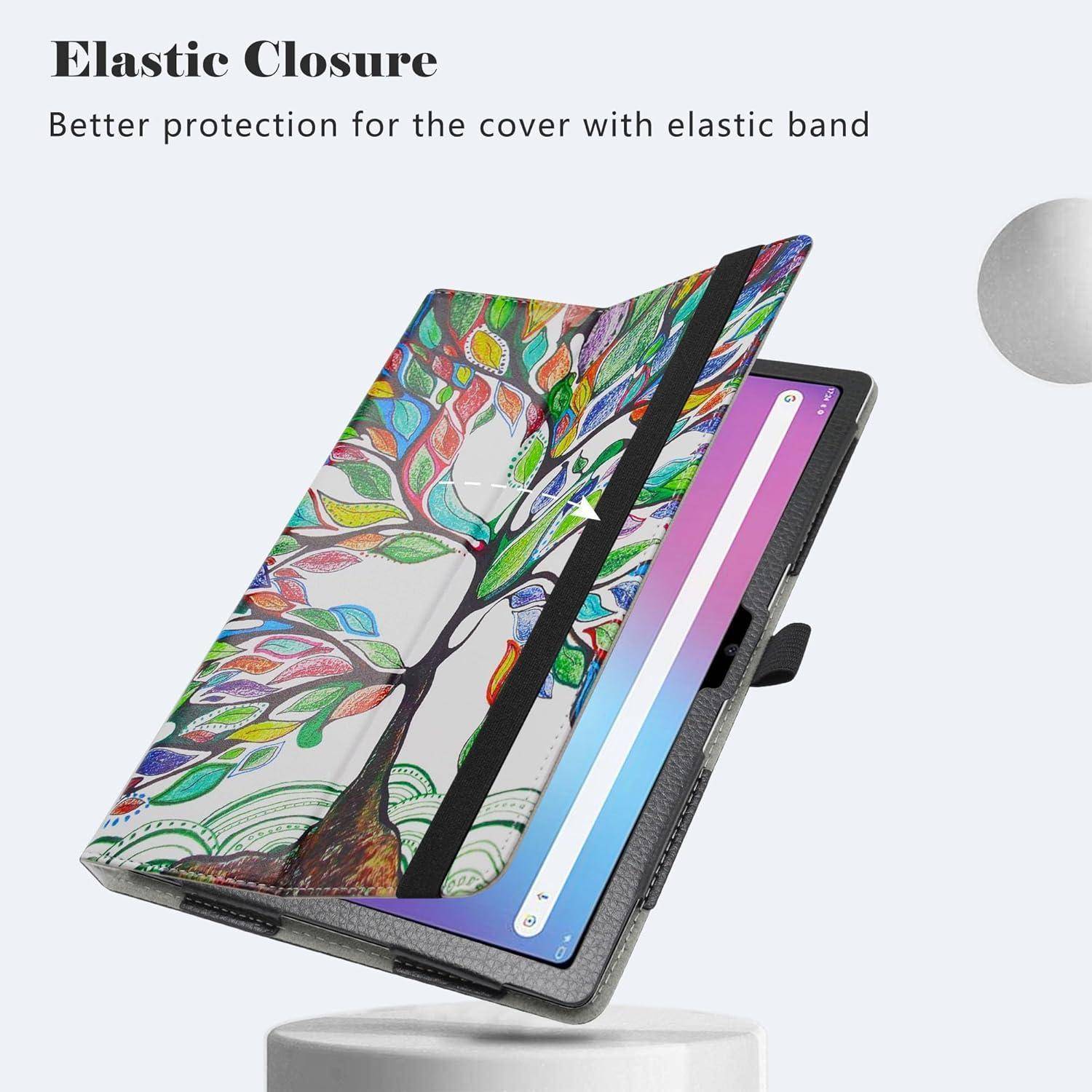 Eine farbenfrohe Tablet-Hülle mit einem abstrakten Baumdesign und dem Text ‚Elastischer Verschluss', die einen besseren Schutz mit einem Gummiband bietet.