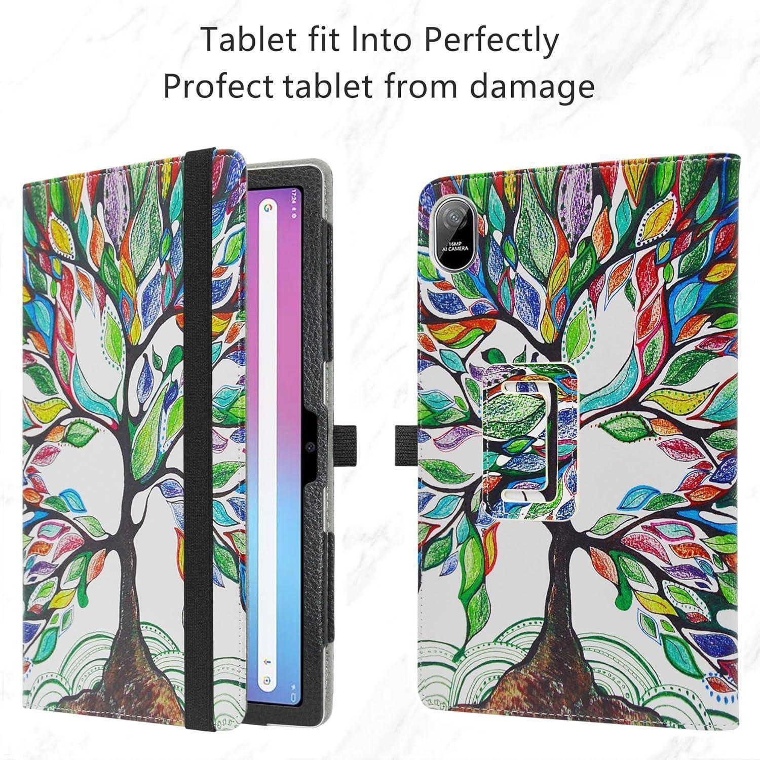 Tablet passt perfekt hinein. Schützen Sie das Tablet vor Beschädigungen.' Bild zeigt eine bunte Tablet-Hülle mit einem Baumdesign, eine offene Ansicht, die zeigt, wie das Tablet innen passt.