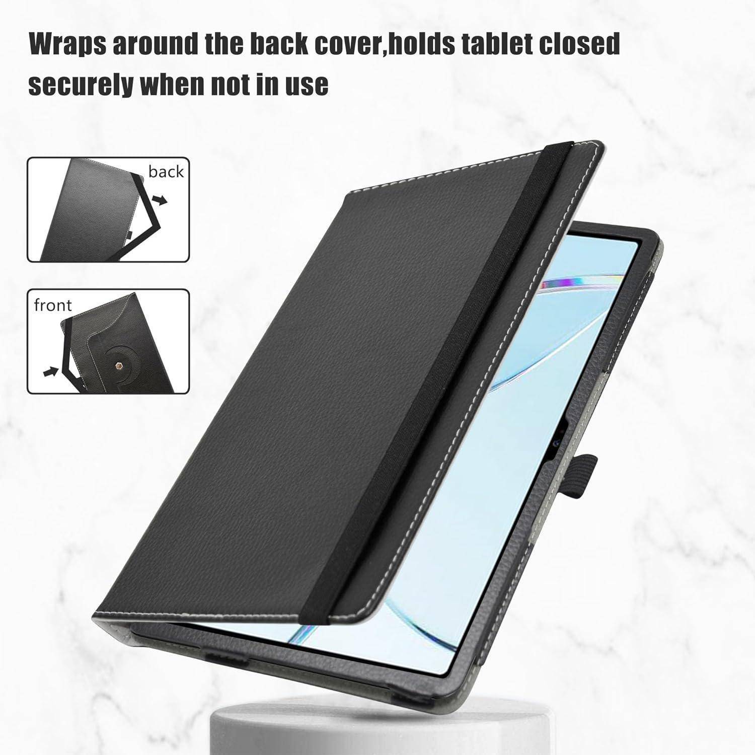 Eine schwarze Tablet-Hülle, leicht geöffnet, um ein Tablet mit einem blauen und weißen Bildschirm zu zeigen. Der Text lautet: „Schließt sicher, wenn es nicht in Gebrauch ist.