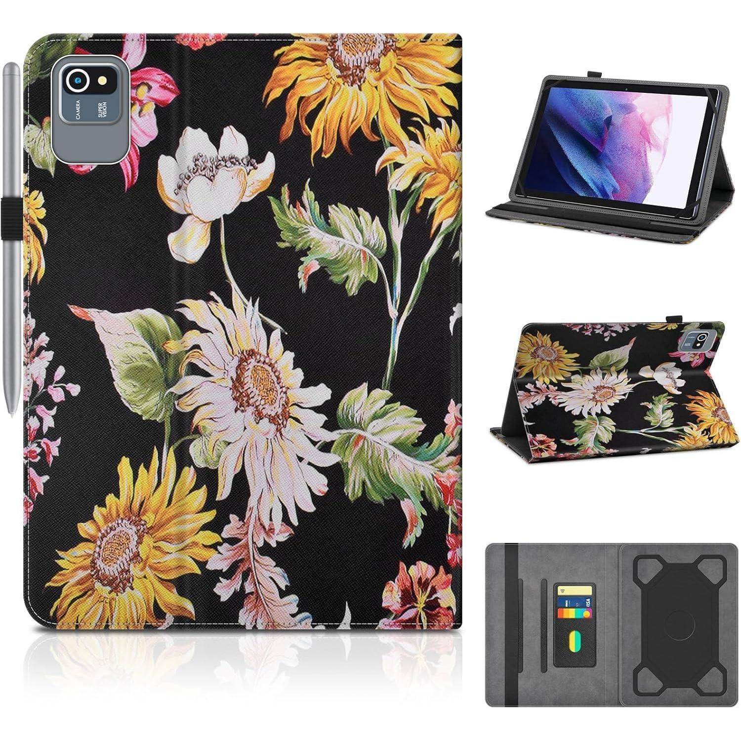 Eine Tablet-Hülle mit einem floralen Design, das leuchtende Sonnenblumen und andere Blumen auf einem schwarzen Hintergrund zeigt. Enthält Bilder, die die Hülle in verschiedenen Blickwinkeln darstellen.