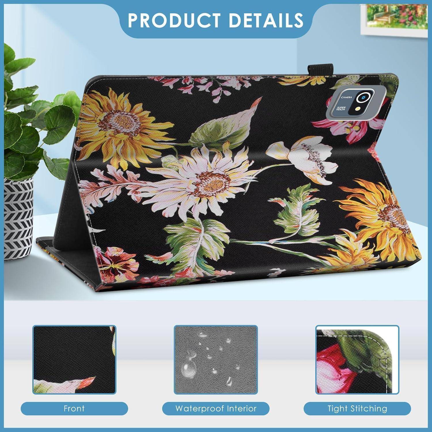 Tablet-Hülle mit Blumenmuster, geöffnet stehend präsentiert. Einblenden zeigen Merkmale: Vorderdeckel, wasserdichtes Innenfutter und sorgfältige Nähte.