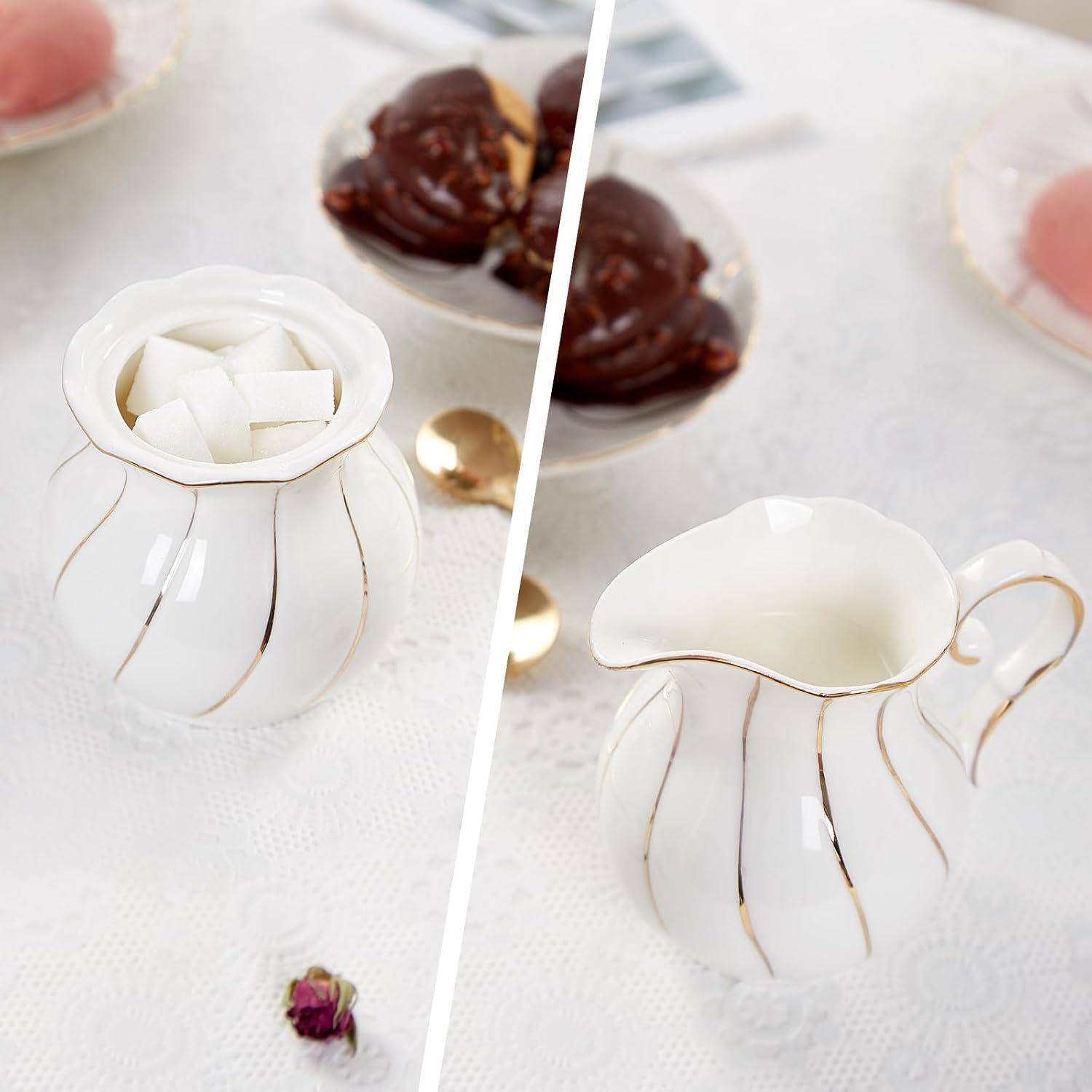 Weißes Sahne- und Zuckerset, britisches Design, handgefertigte goldene