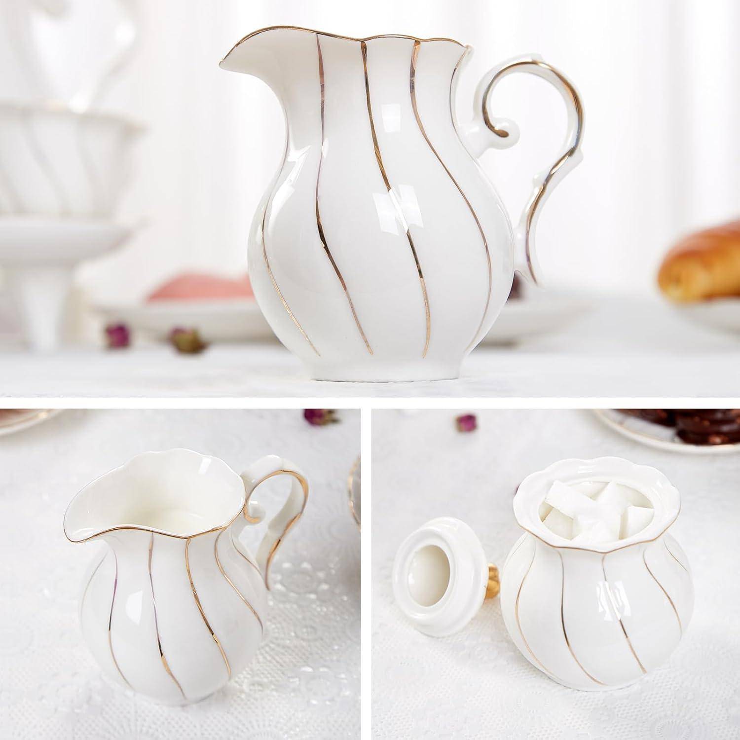 Weißes Sahne- und Zuckerset, britisches Design, handgefertigte goldene