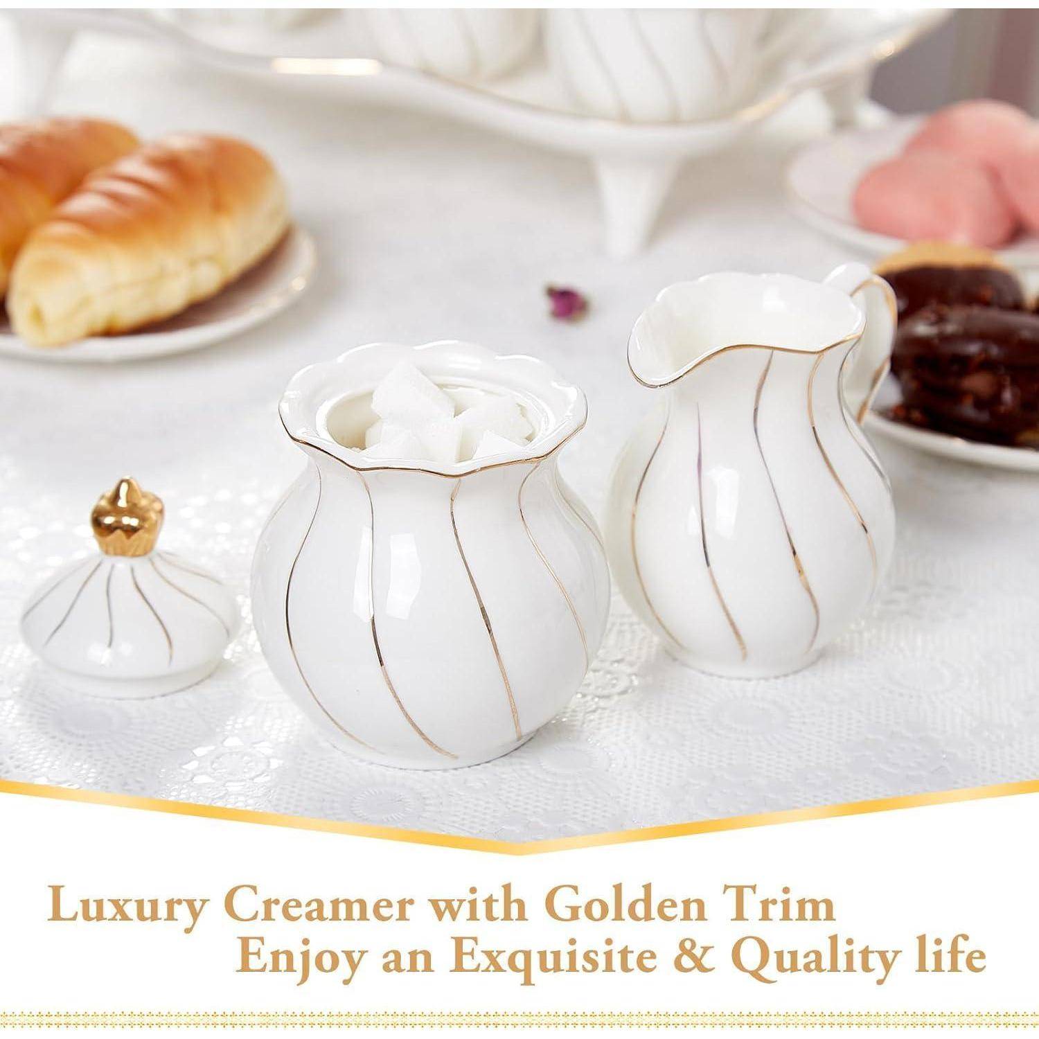 Weißes Sahne- und Zuckerset, britisches Design, handgefertigte goldene