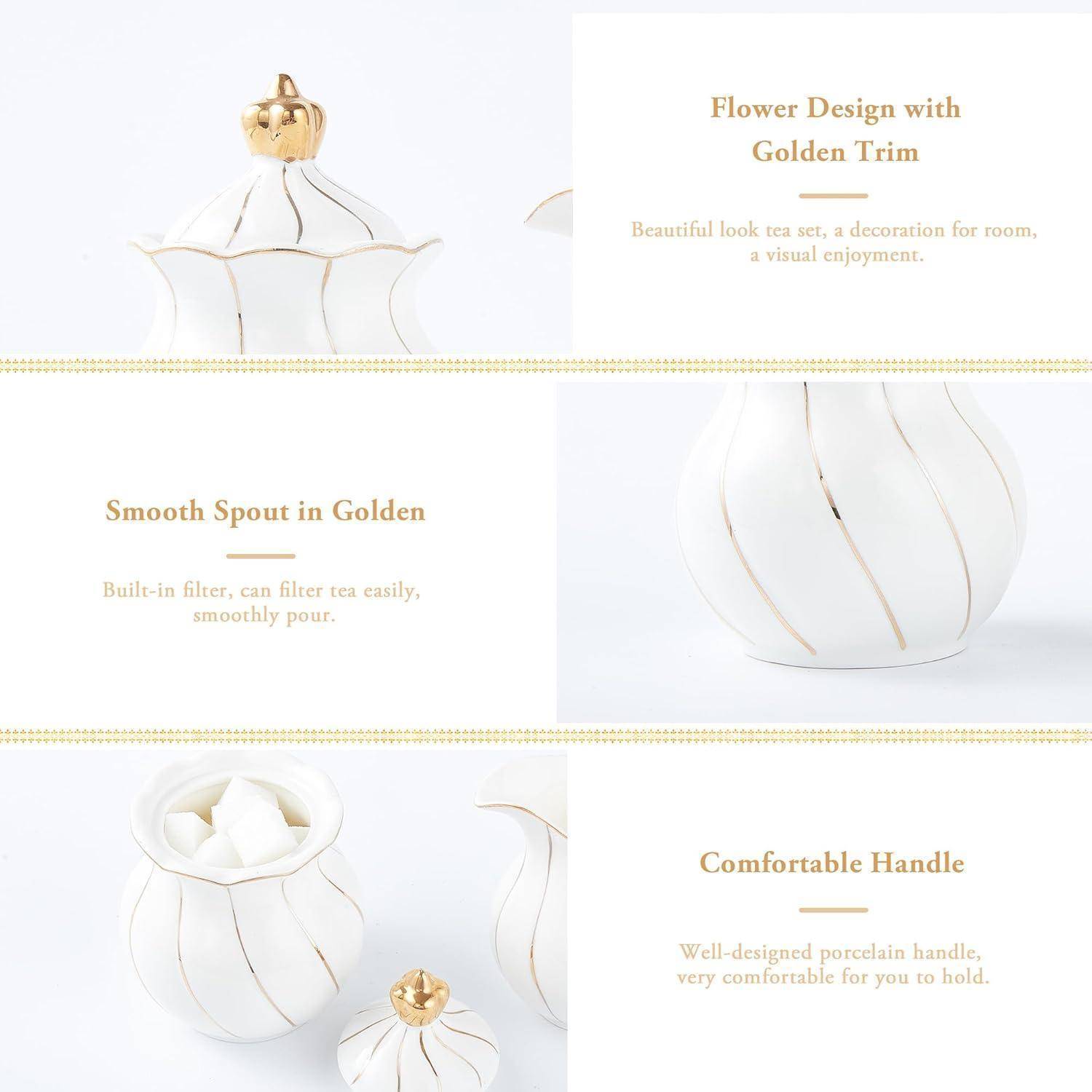 Weißes Sahne- und Zuckerset, britisches Design, handgefertigte goldene